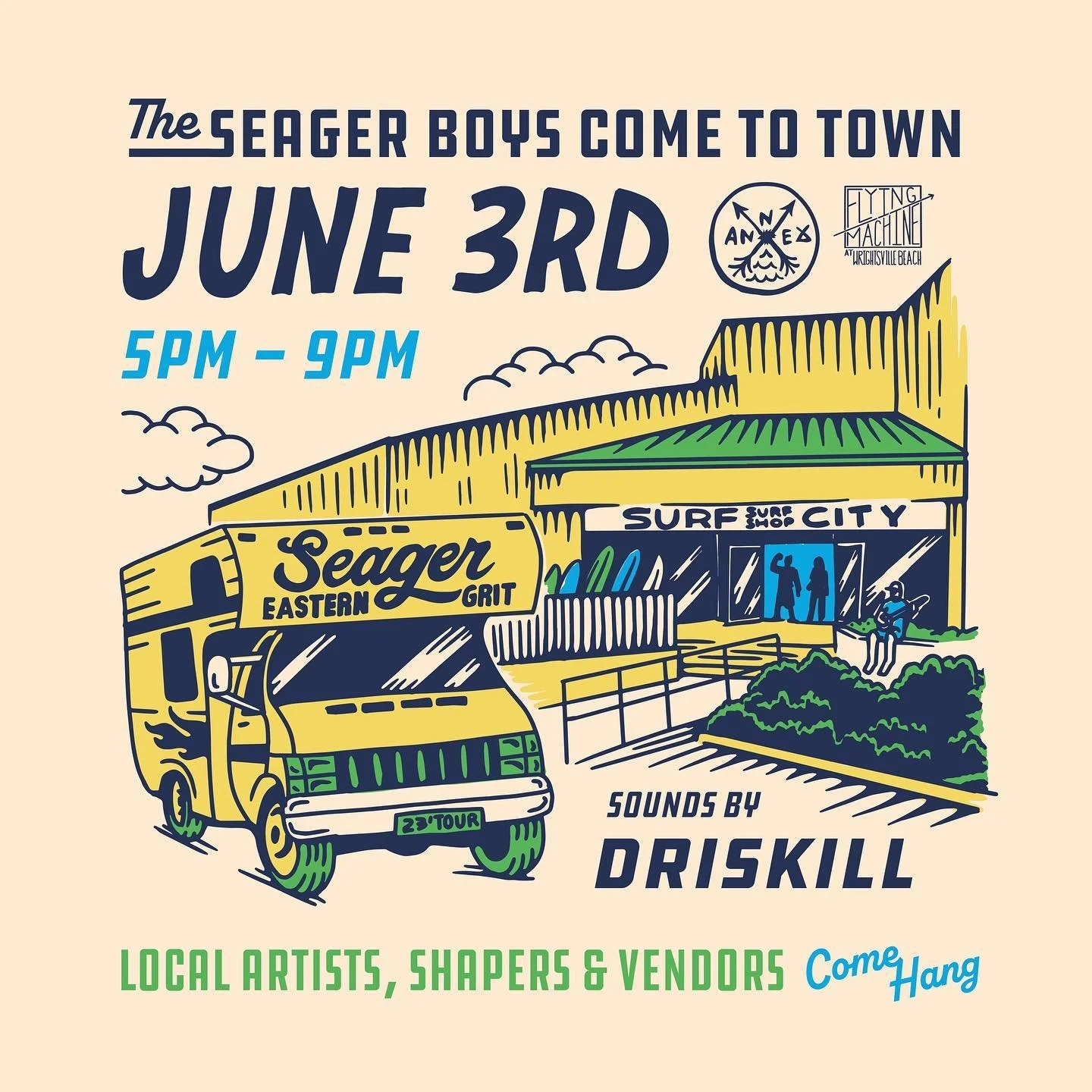 Saturday with @seager_co at @annexsurfsupply &amp; @flyingmachinewb - 5PM 🎉