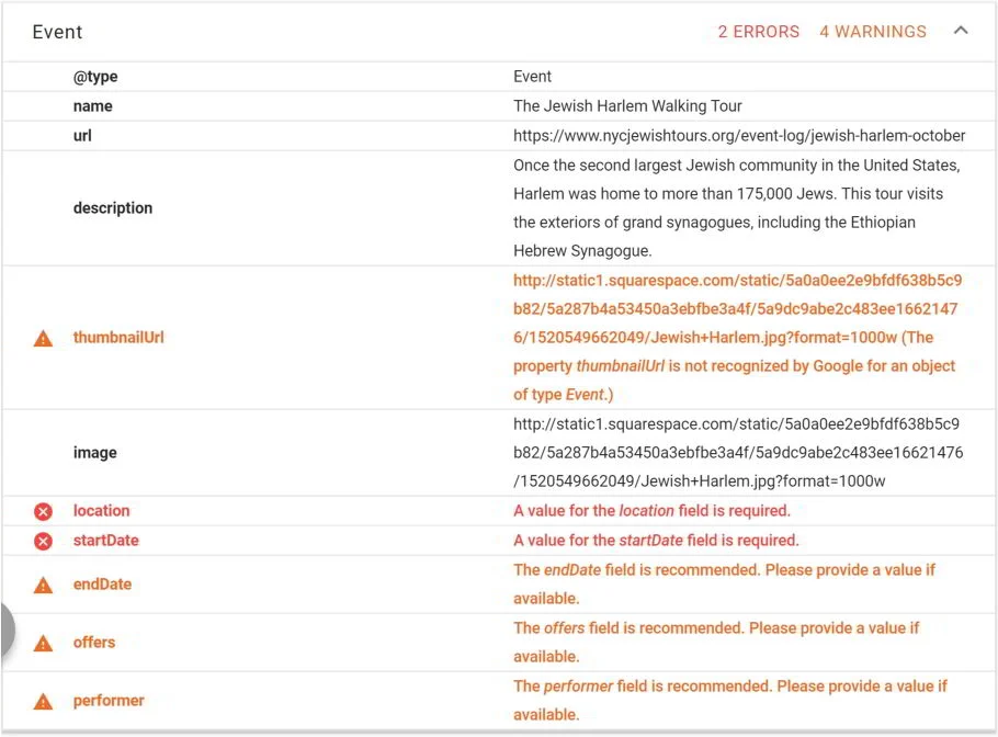 Google’s Structured Data Test Tool shows missing “location” and “startDate” fields for Squarespace Event Schema markup.