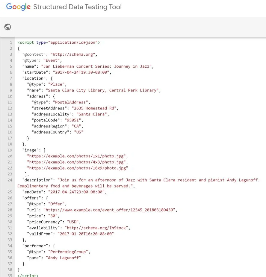 This is what Event schema markup should actually look like, but your Squarespace site doesn’t implement it fully.