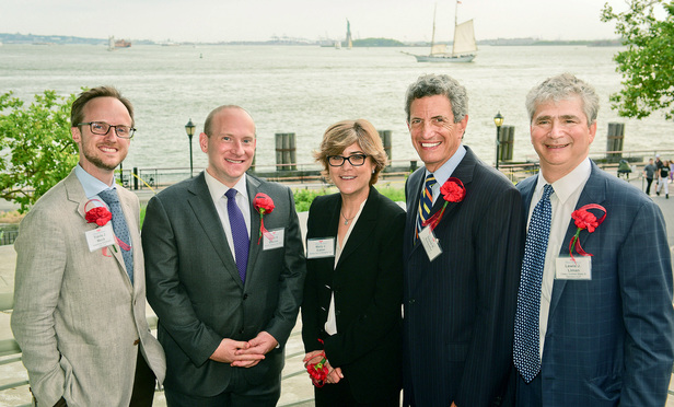 From L-R: Federal Bar Council First Decade Committee Chair Travis Mock; David B. Shanies ; Willkie Farr & Gallagher partner and co-recipient of the Marshall Award Mary Eaton; Federal Bar Council President David Schaefer; and Federal Bar Council Public Service Committee Chair Lewis Liman. (NYLJ/David Handschuh)