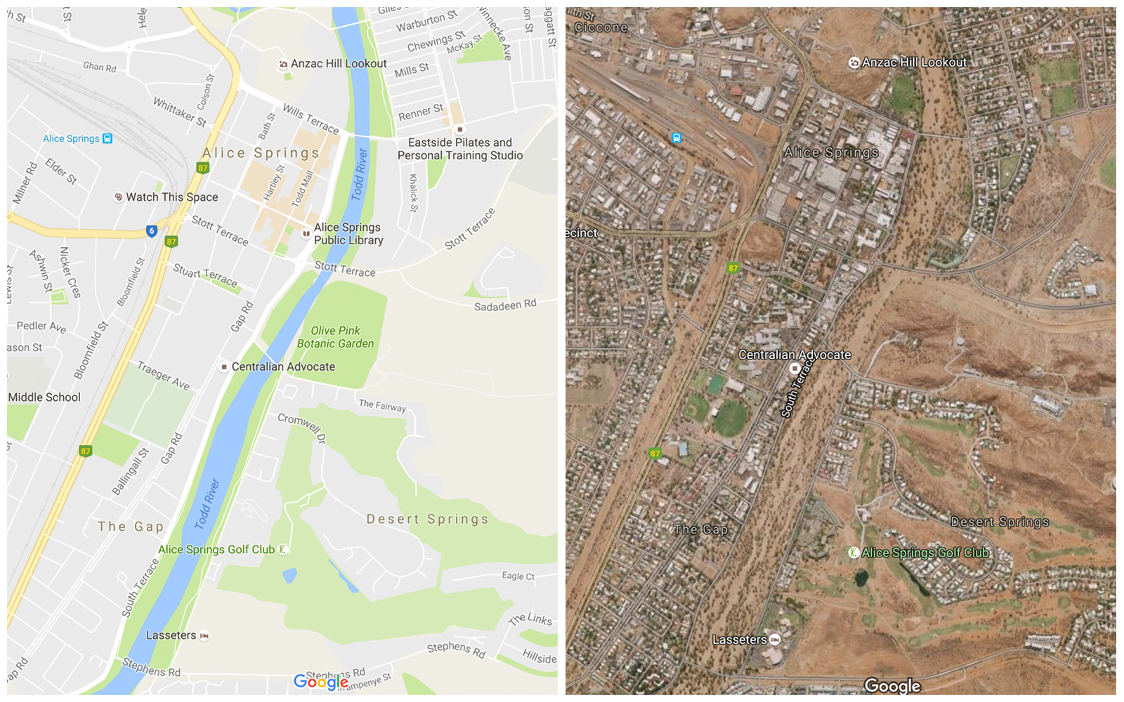 Google Maps vs Google satellite view of the Todd River