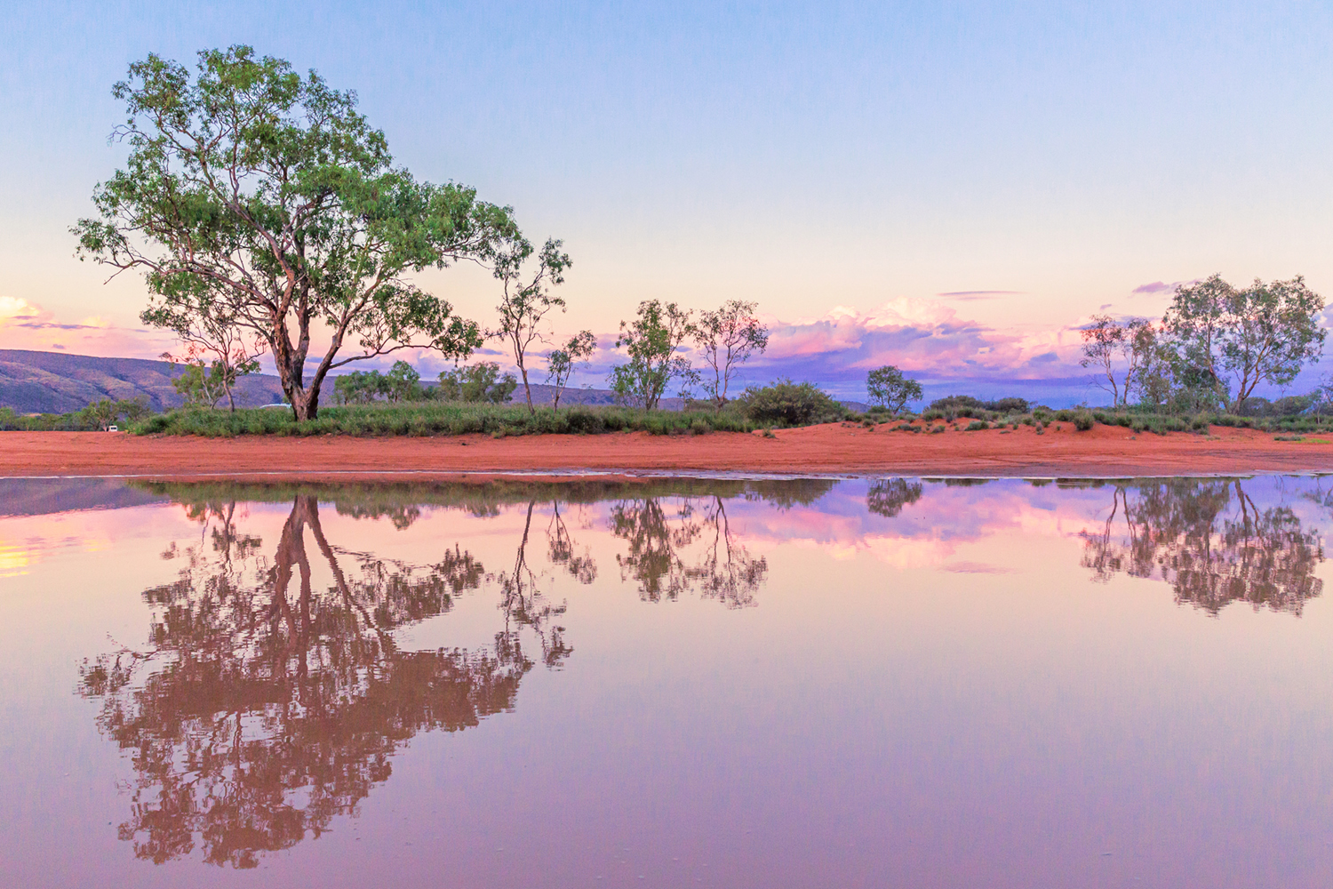 Pink sunsets in the outback are like living inside a Namatjira painting