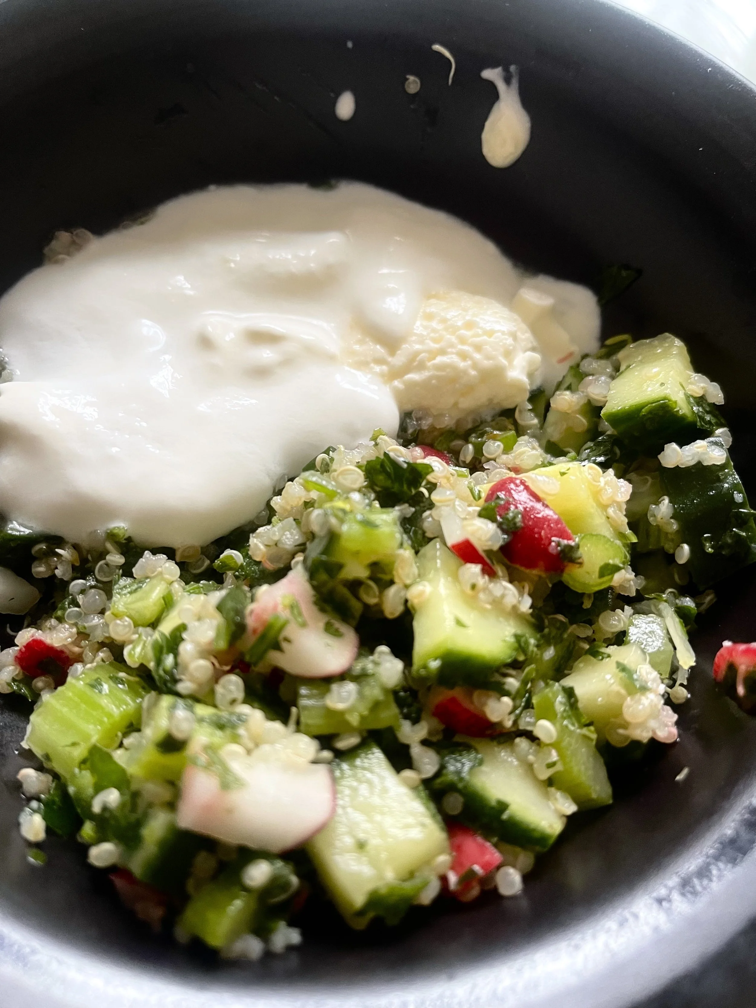 Making Sanctuary Recipes for Meditation Enhancement Bowl of Tabouli Tabbouleh with Yogurt with cream on top.jpg