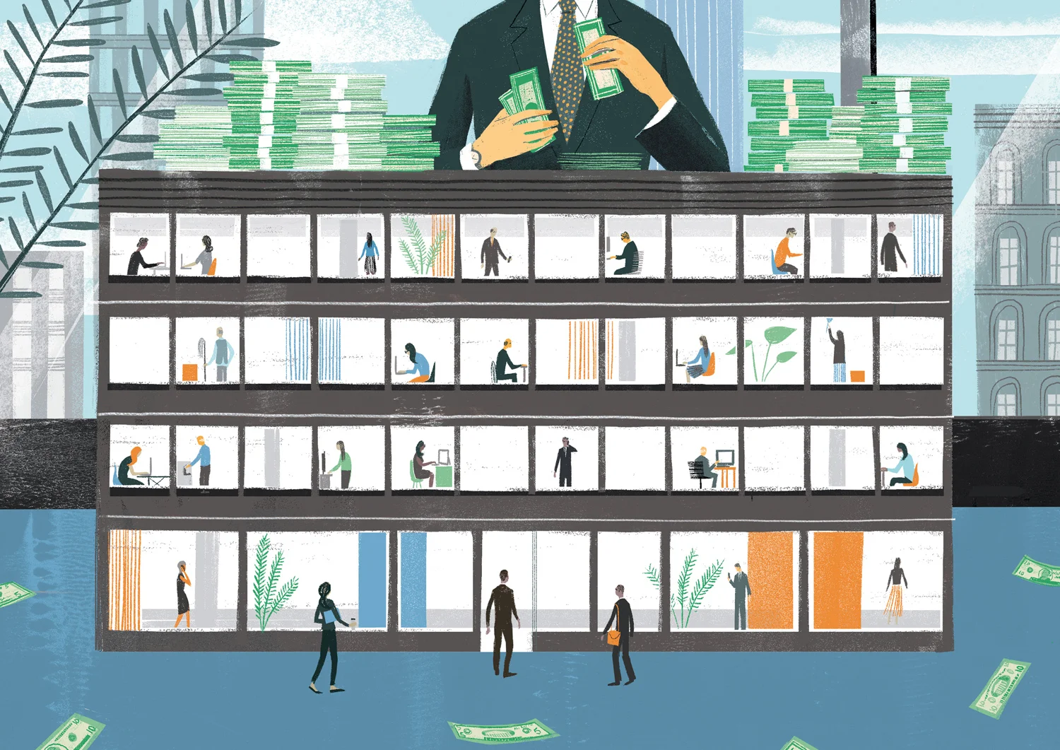  Illustration for an article exploring the vast difference in employee versus excetive compensation.&nbsp; 