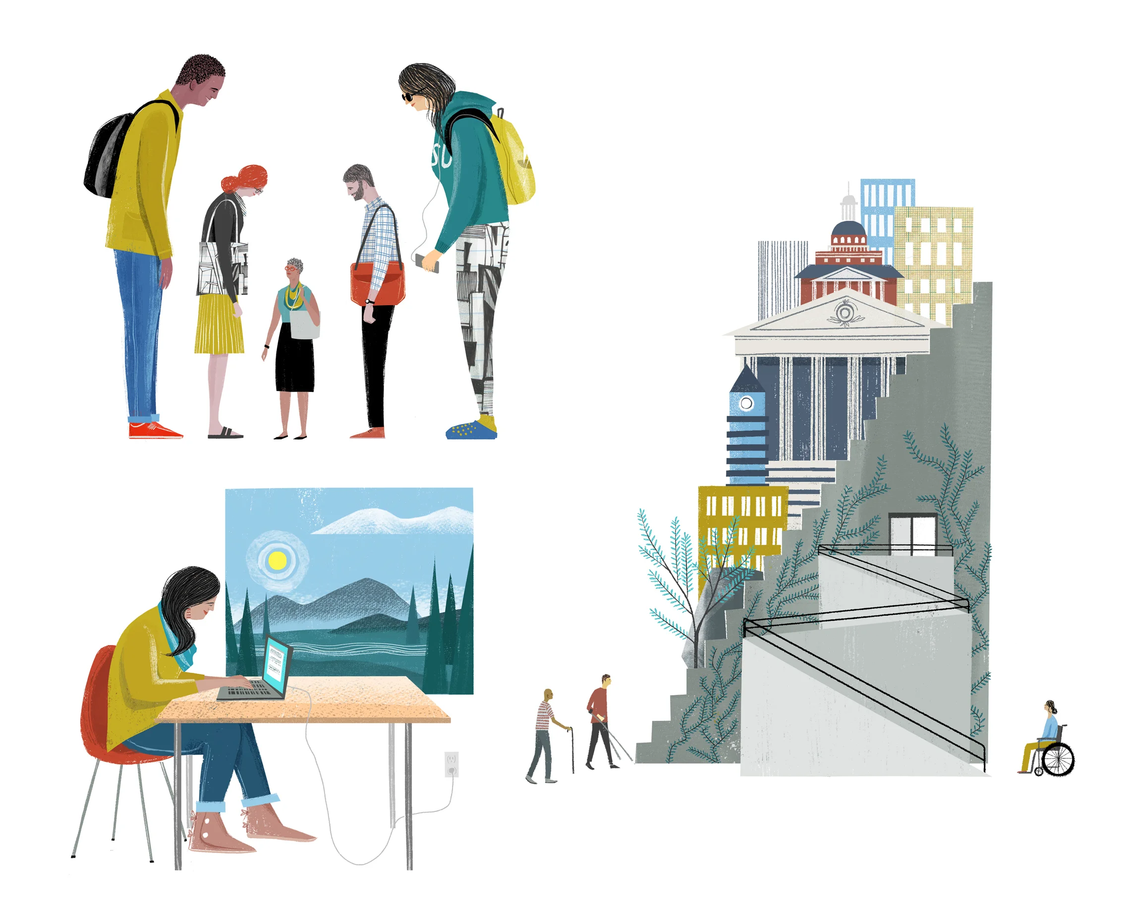 Spot illustrations for the Chronicle's Diversity in Academe supplement for essays on ageism, tribal colleges, and accessibility on campus. 2017.