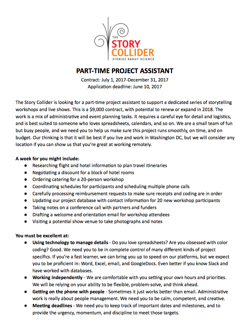 JOB SEARCH - Project Assistant — The Story Collider