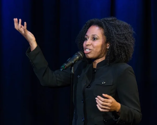 Aletha Maybank shares her story at Caveat in February 2018. Photo by Nicholas Santasier.