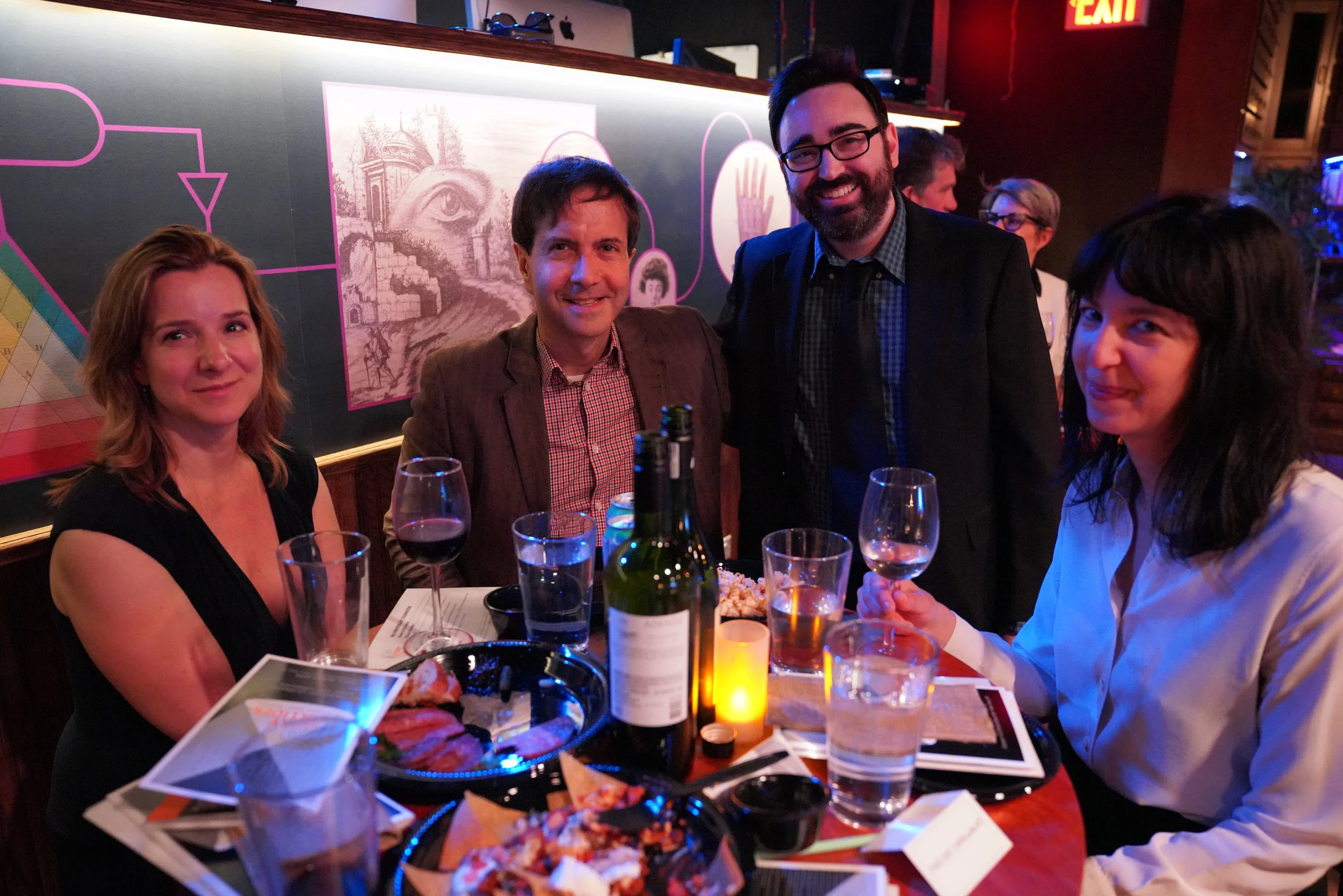 Emma Parry and Melissa Flashman of Janklow and Nesbit (outside) with storyteller Steve Zimmer , winner of more than 20 Moth StorySlams, and Justin D’Ambrosio, elegant man about town and one of the First Gentlemen of Story Collider.