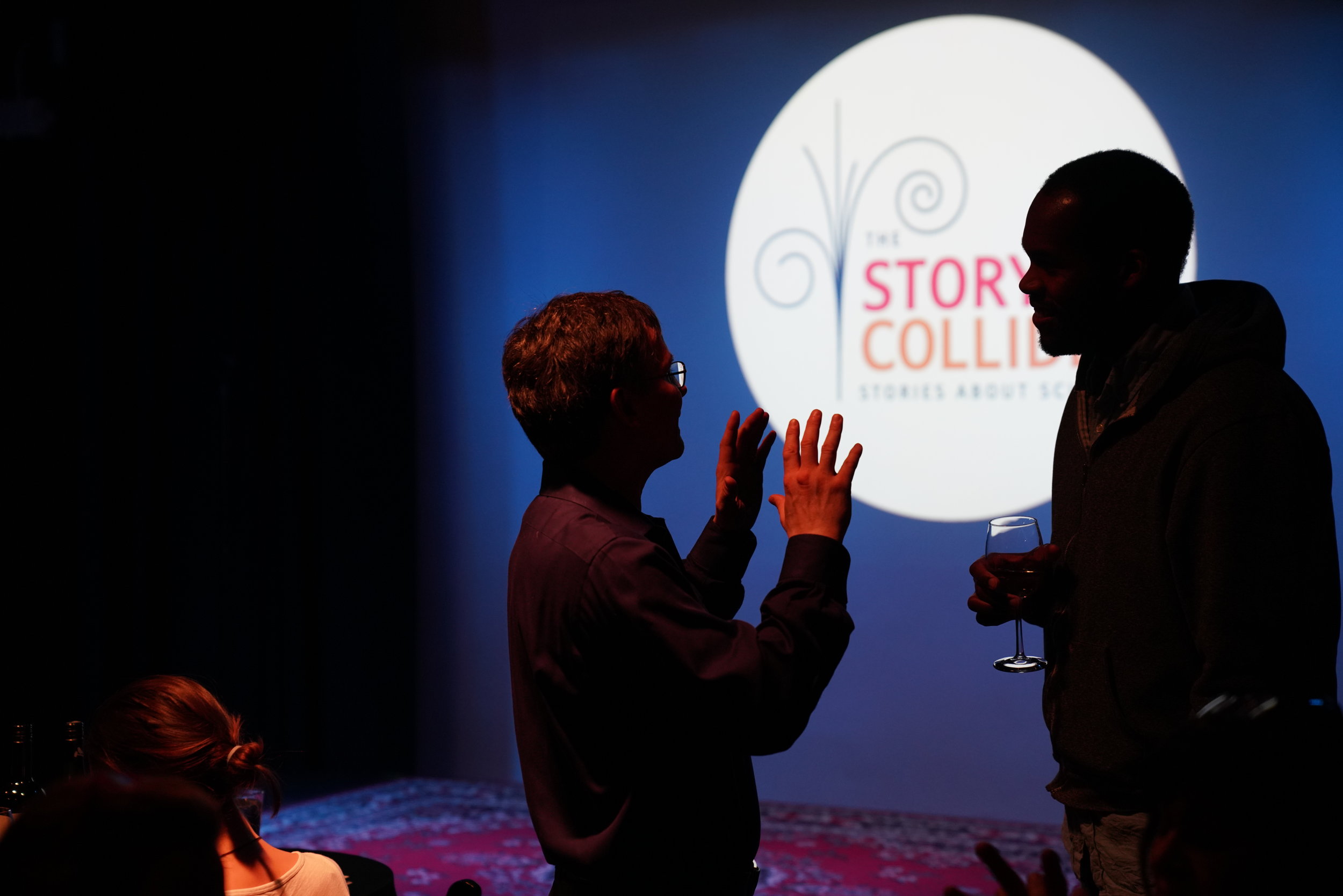  Story Collider board members John Rennie  and Louie Rivers III catch up before the show. John is an editor at  Quanta Magazine   as well as former chief editor of  Scientific American , and Louie is an assistant professor in the Department of Forest