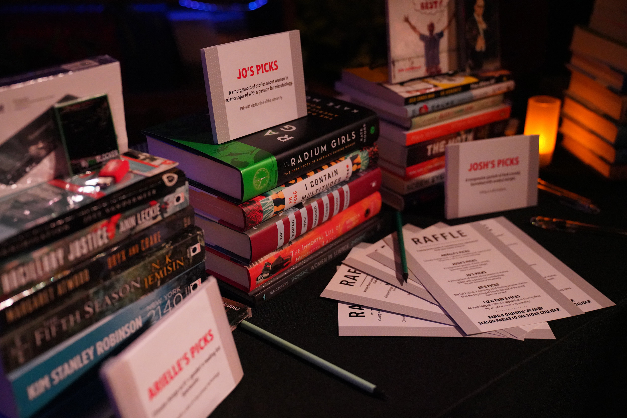  Each of our storytellers assembled a package of books for our raffle, with themes ranging from comedy to microbiology. 