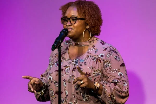 Math for America Master Teacher Giselle George-Gilkes shares her story at our show in partnership with Math for America. Photo by Nicholas Santasier.