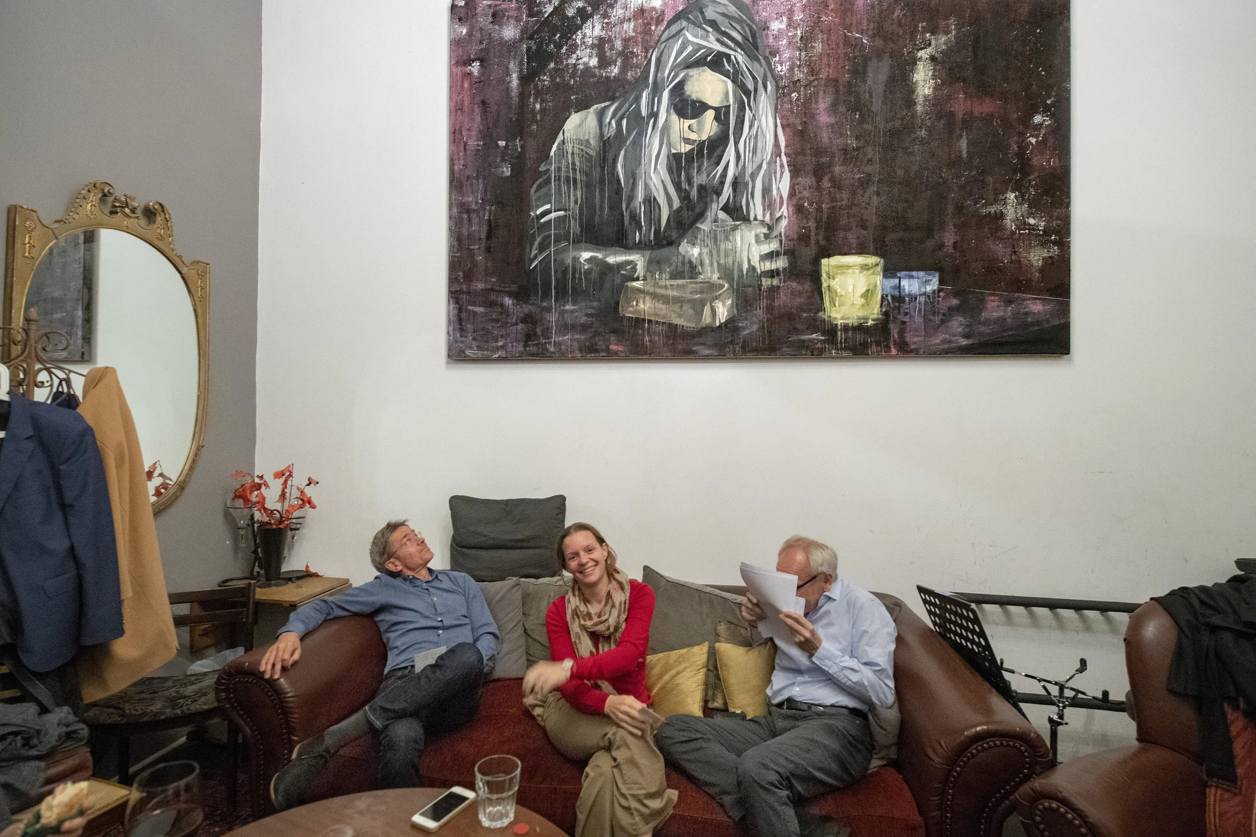 Monica Dunford hangs out with fellow storytellers before the Story Collider show at Prachtwerk presented at the Berlin Science Week in partnership with the Springer Nature's Springer Storytellers program.Photo by David Ausserhofer.