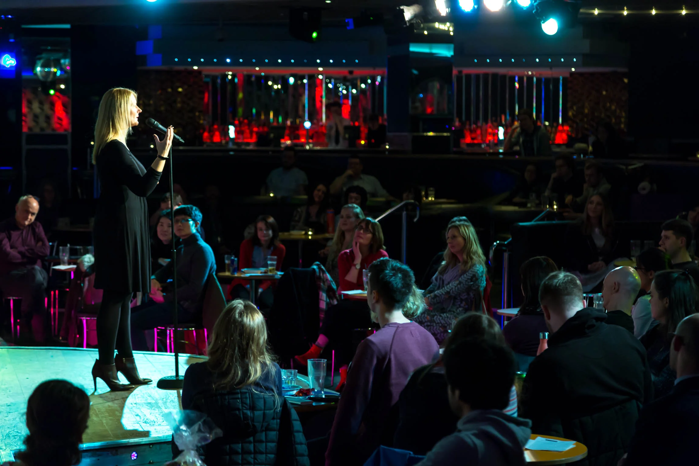 Sheena Cruickshank shares her story at The Birdcage in Manchester in Story Collider’s show presented in collaboration with the University of Manchester in December 2018. Photo by James White.