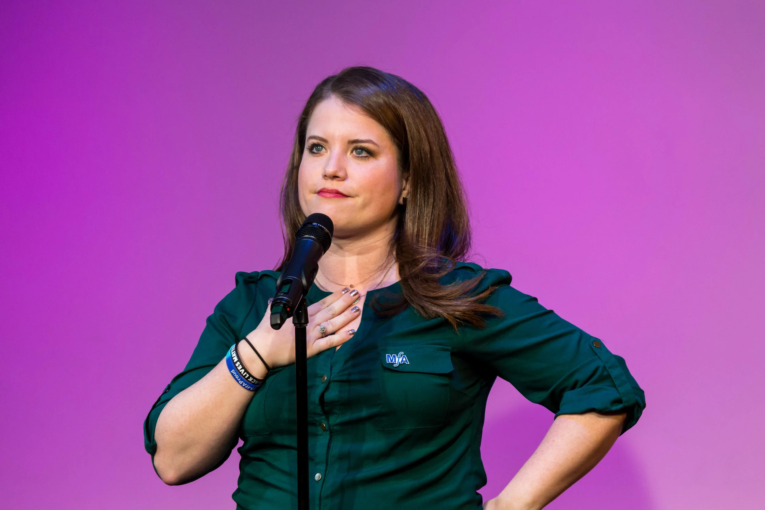 Brittany Beck shares her story with us on our home stage show in NYC at Caveat in April 2018. Photo by Nicholas Santasier.
