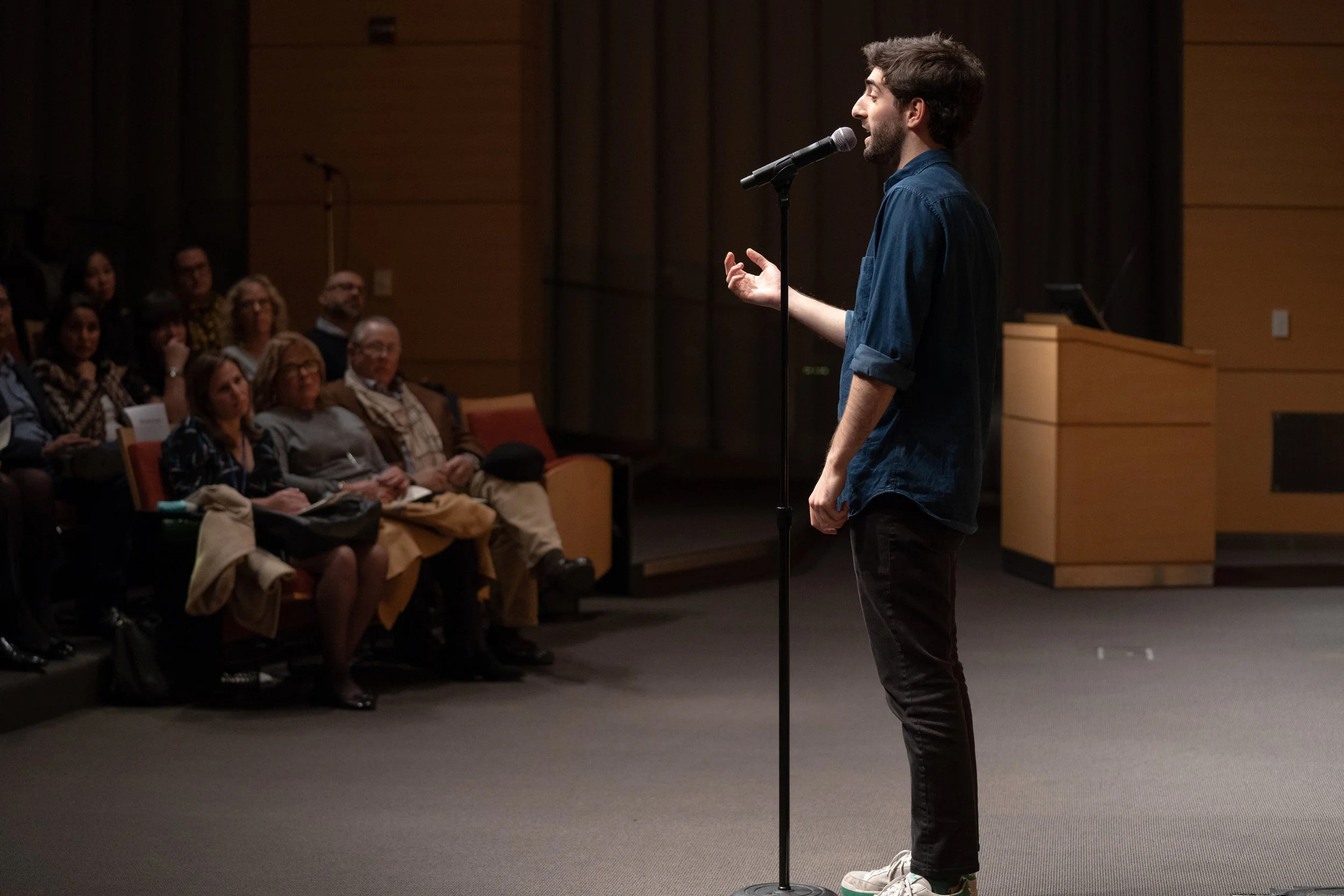 Gabriel Duran Rehbein shares his story with an audience at Memorial Sloan Kettering as part of a show done in partnership with them in December 2018. Photo by Zhen Qin.