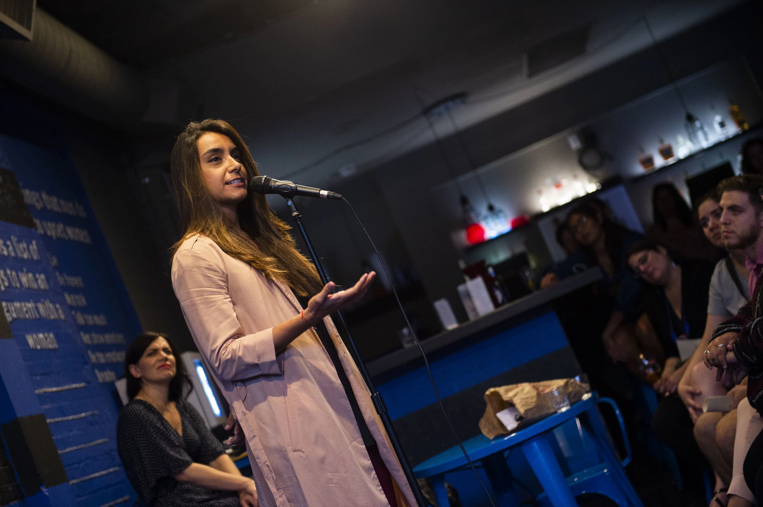 Minerva Contreras shares her story with our audience in Jokesters 22 in San Antonio, TX as part of a show done in collaboration with SACNAS (Society for Advancement of Chicanos/Hispanics and Native Americans in Science) in October 2018. Photo by Lisa Helfert.