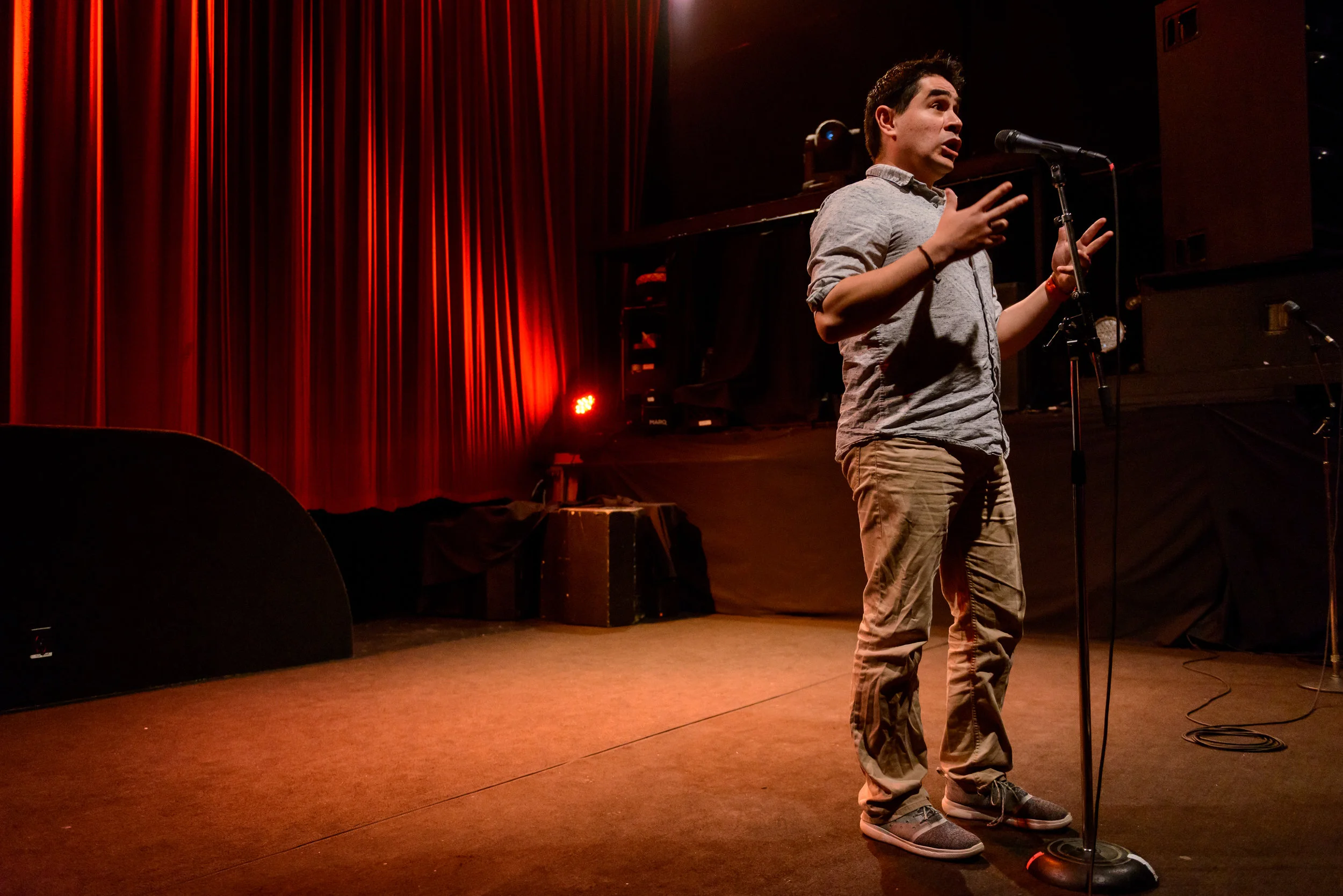 Rodrigo Solis shares his story with the Story Collider audience at Fox Cabaret in Vancouver, BC in April 2019. Photo by Rob Felt.