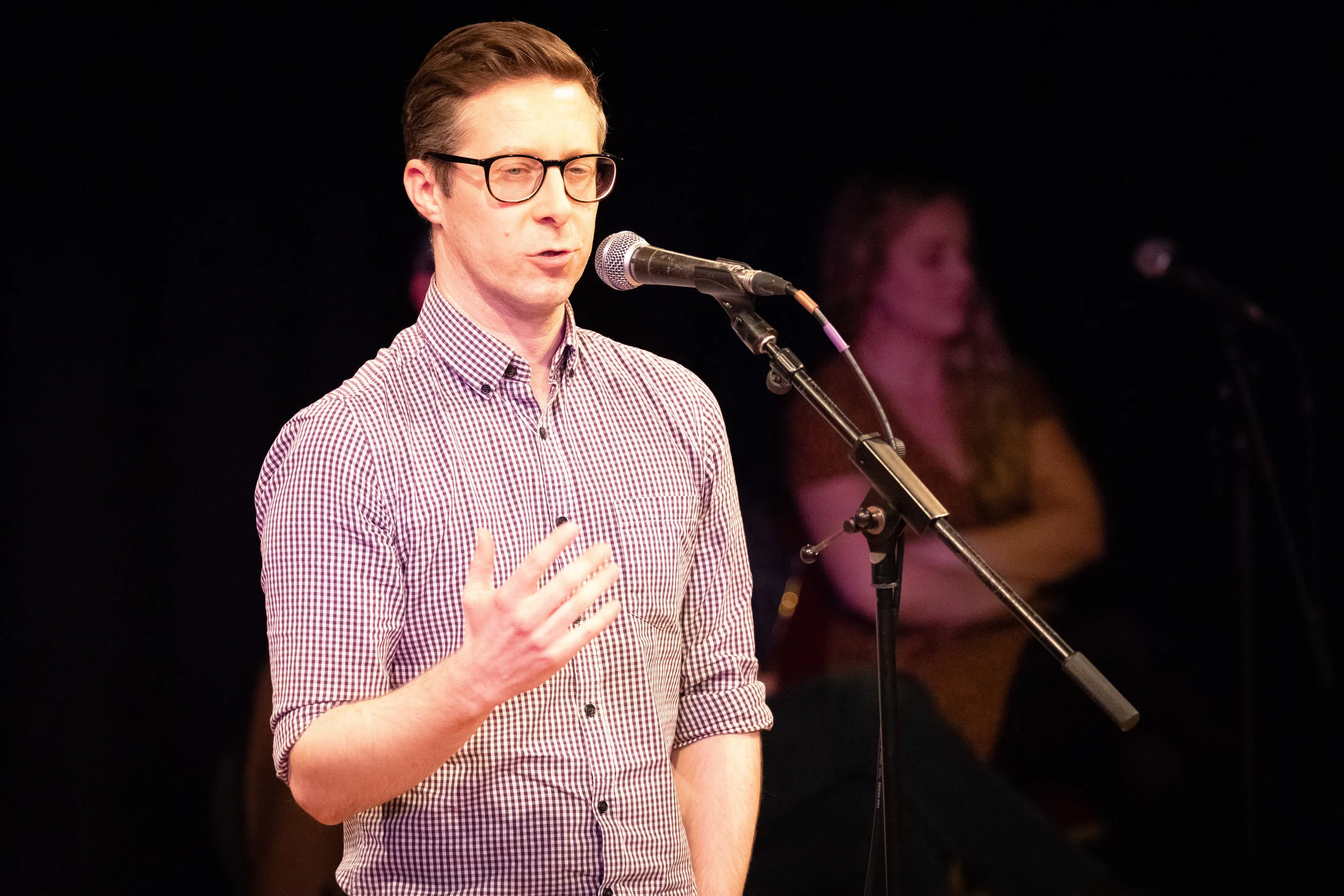 Steve Scott shares his story with the Story Collider audience at J3 at Cambridge Junction in Cambridge, UK in February 2019. Photo by Mark Danson.