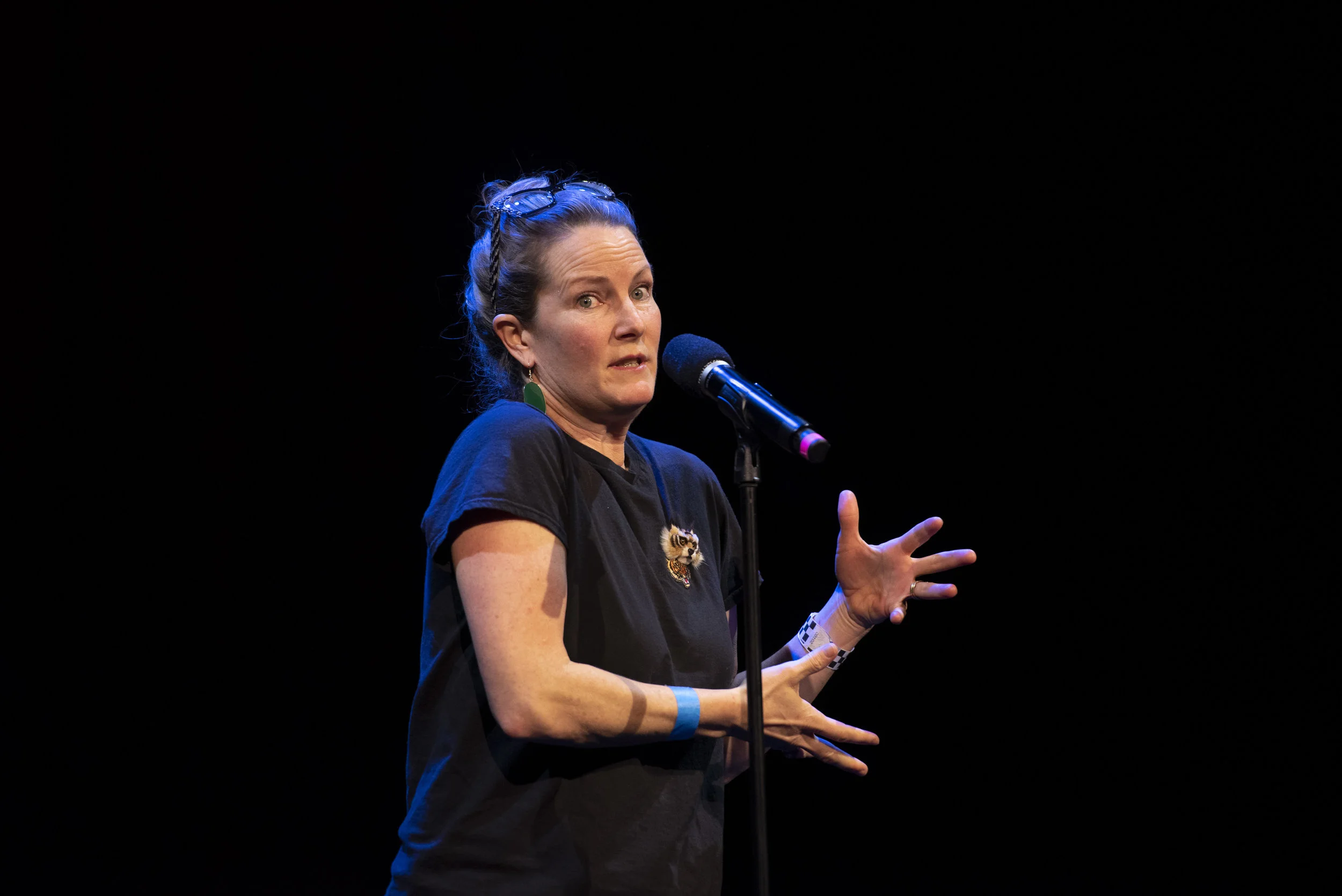 Sara Sweet shares her story on the Story Collider stage at Oberon Theater in Boston, MA in April 2019. Photo by Kate Flock.
