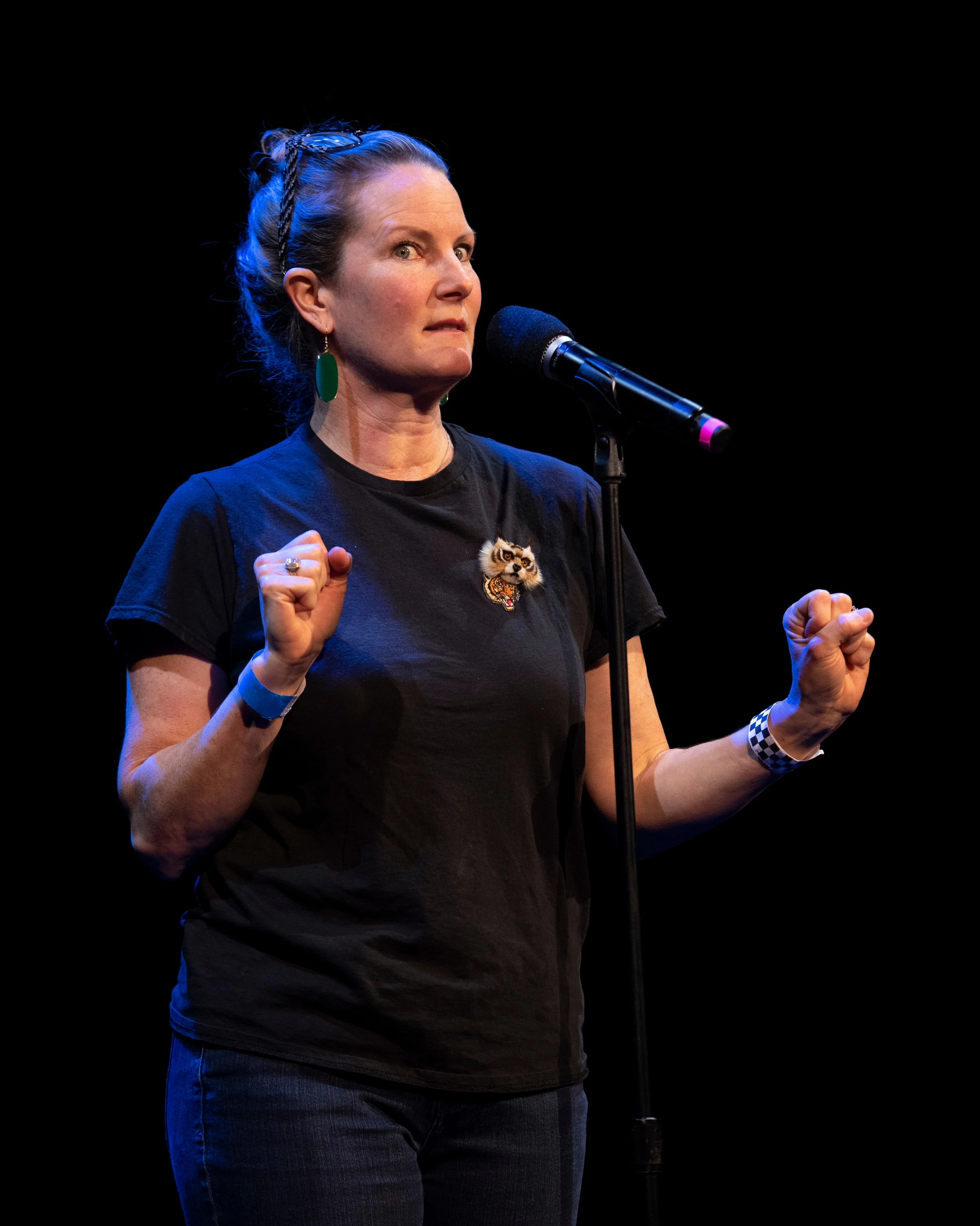 Sara Sweet shares her story on the Story Collider stage at Oberon Theater in Boston, MA in April 2019. Photo by Kate Flock.