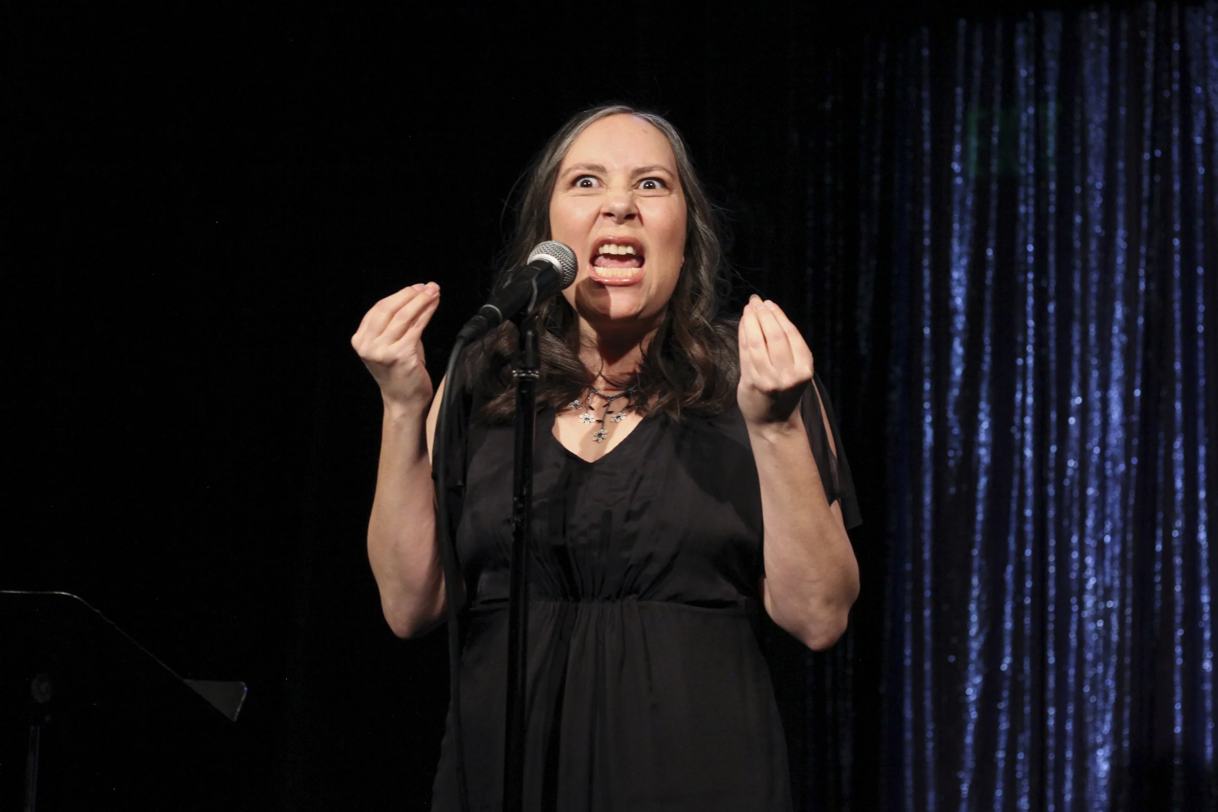 Adriana Briscoe shares her story with the Story Collider audience at Lyric Hyperion in Los Angeles, CA in February 2019. Photo by Mari Provencher.