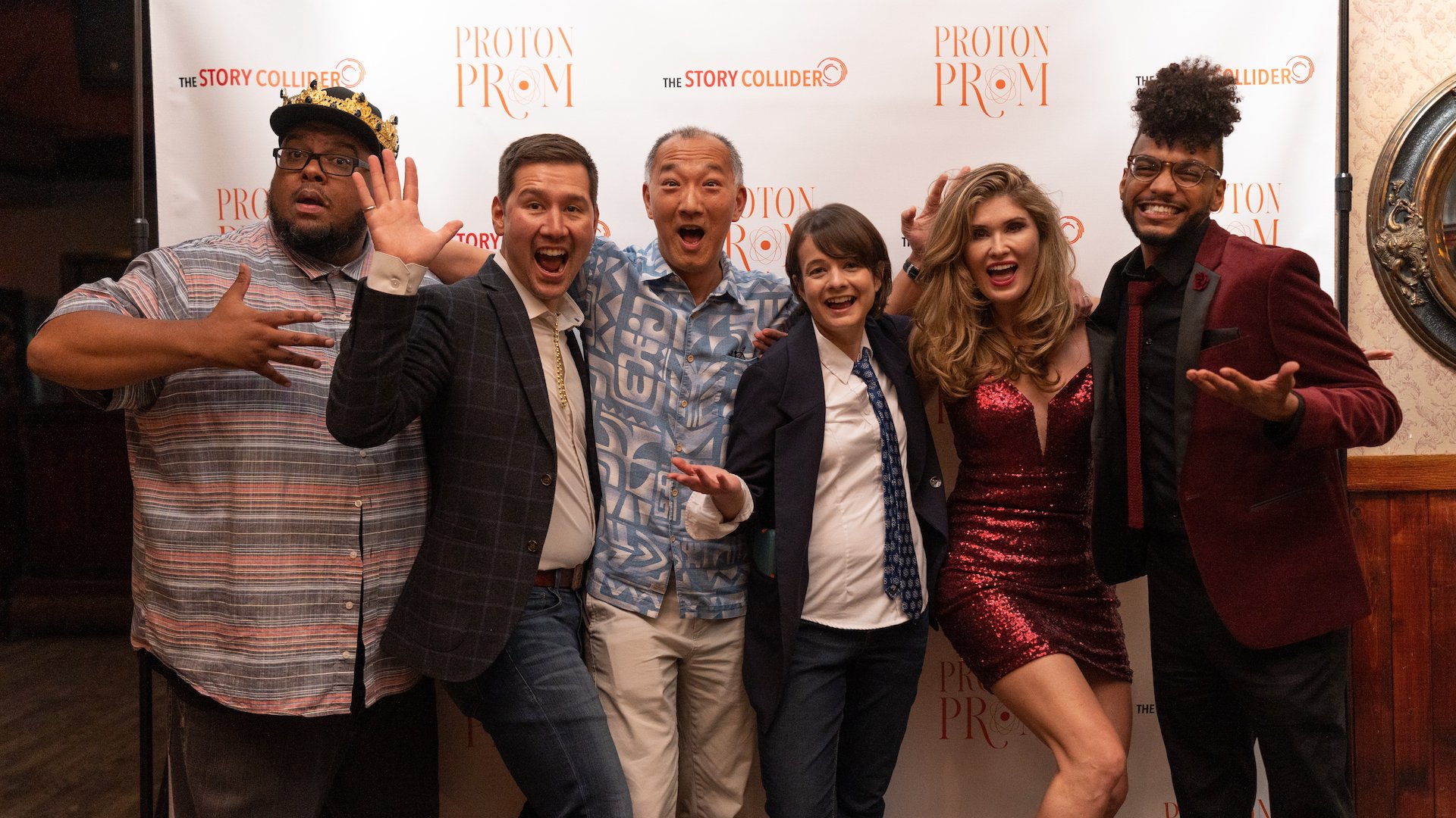  From left to right: Host and comedian Gastor Almonte, Story Collider Board President Eric Jankowski, storyteller and mathematician Ken Ono, Story Collider Executive Director Erin Barker, storyteller and comedian Natalia Reagan, and storyteller and j