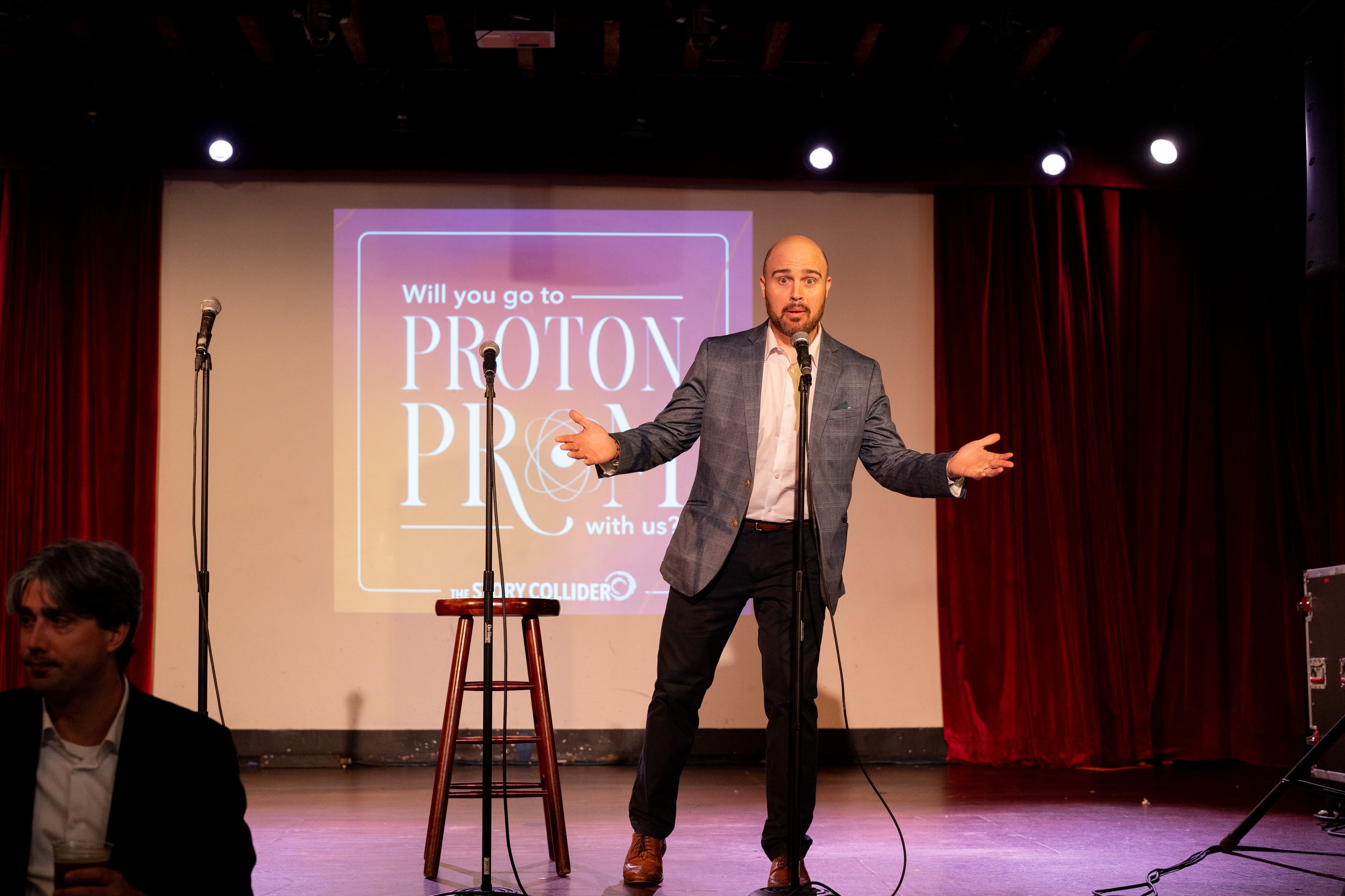  New York Story Collider producer and comedian Zack Stoval on stage at The Bell House in Brooklyn, NY.  