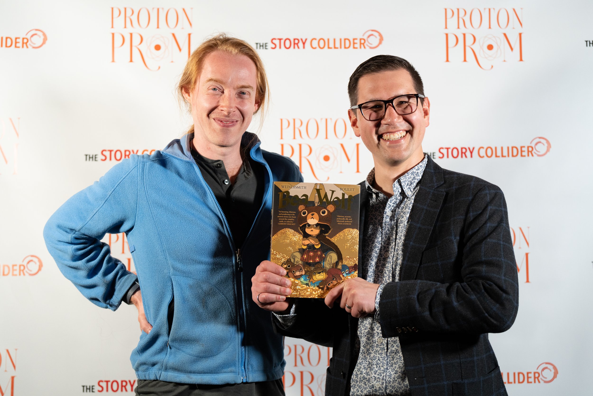  Storyteller Zach Weinersmith with Story Collider board President Eric Jankowski.  