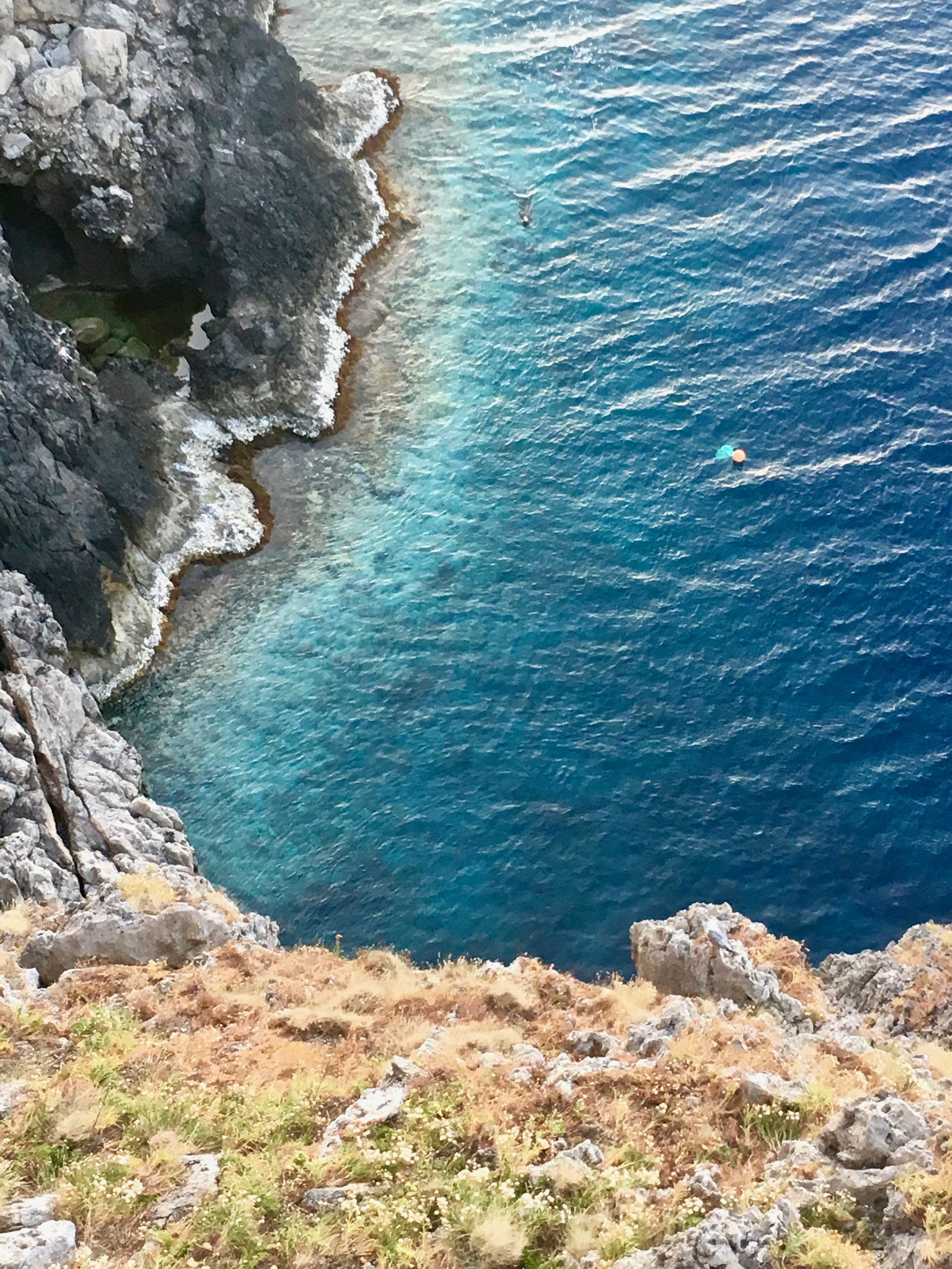    A view from the location of the cliff predicament on The Egg, visible in the water far below towards the top of the photograph is the Mediterranean Monk Seal, Monachus monachus.   