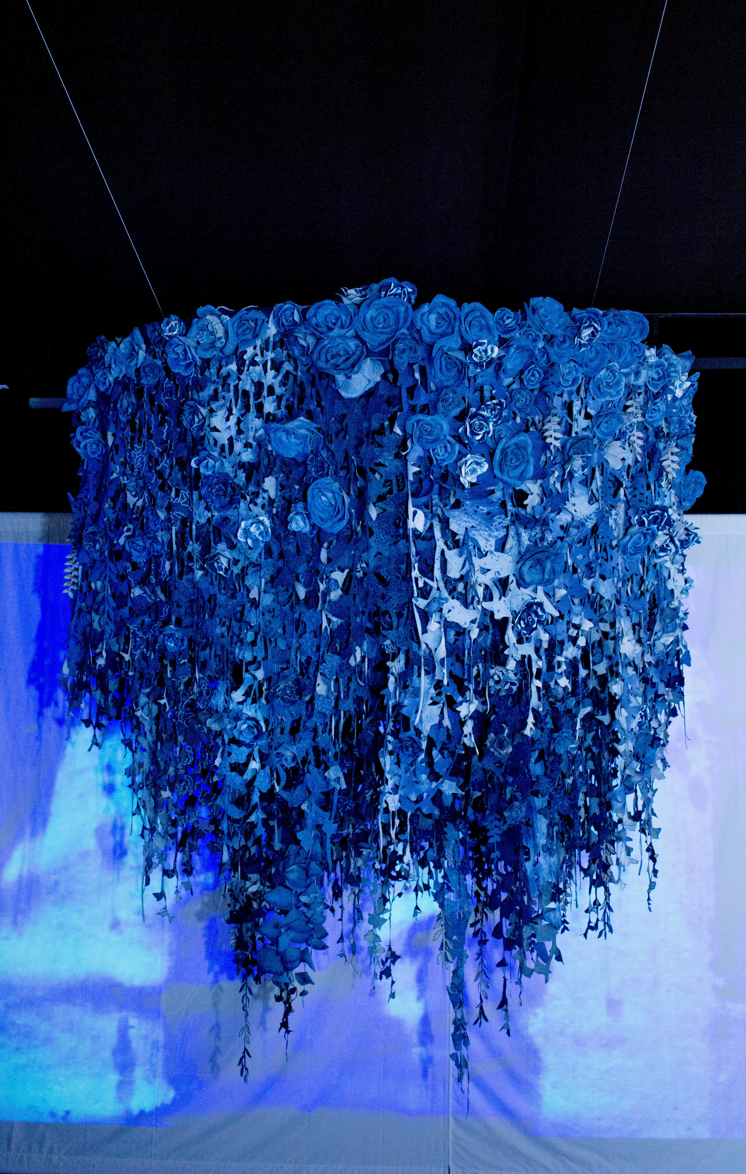  Recycled denim hanging garden trellis installation by Ian Berry with Tonello and Juan Manuel Gomez in Barcelona 2019.  
