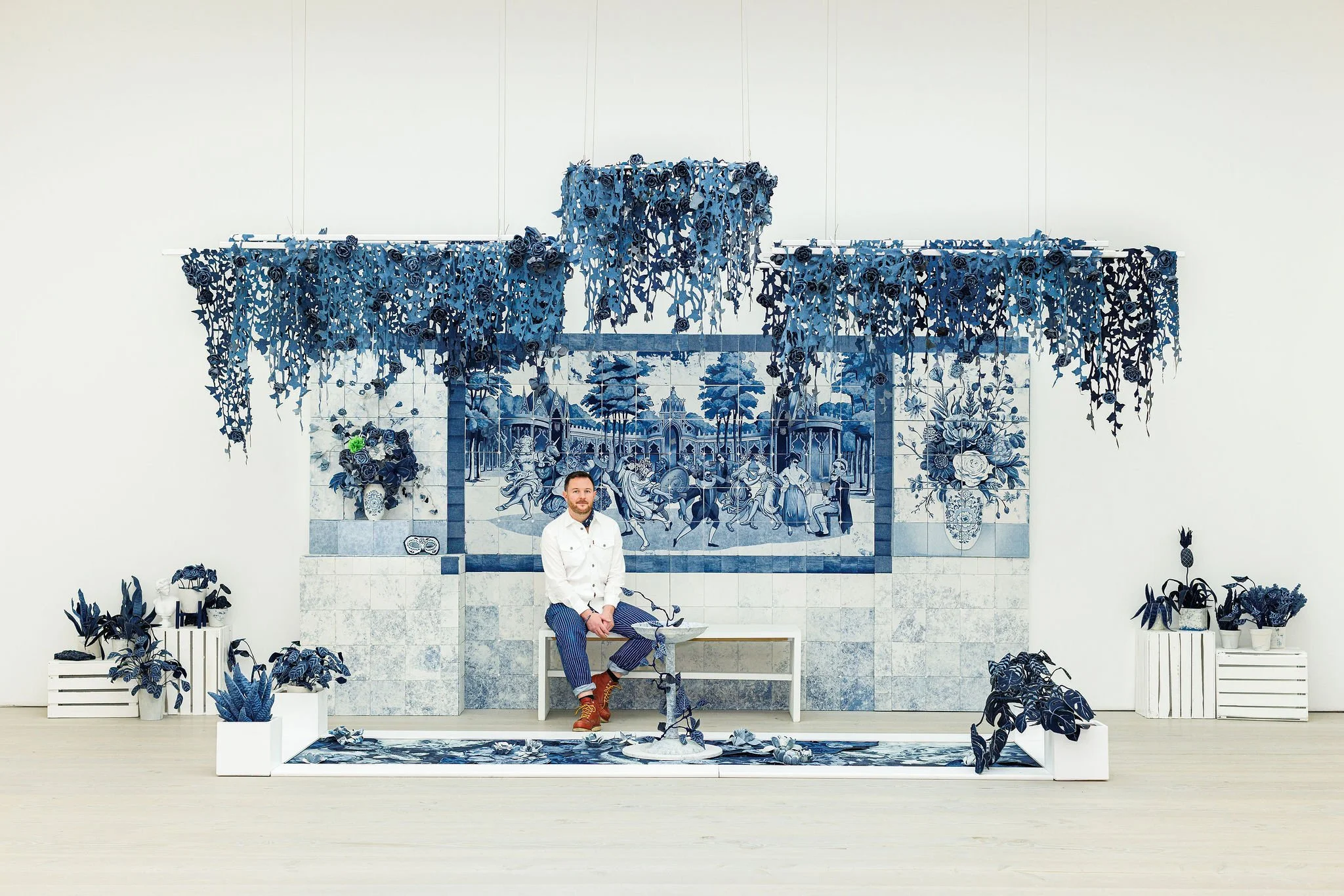 The Secret Garden in Textile Art Redefined at the Saatchi Gallery, London 2026. Ian Berry’s Denim Secret Garden installation 