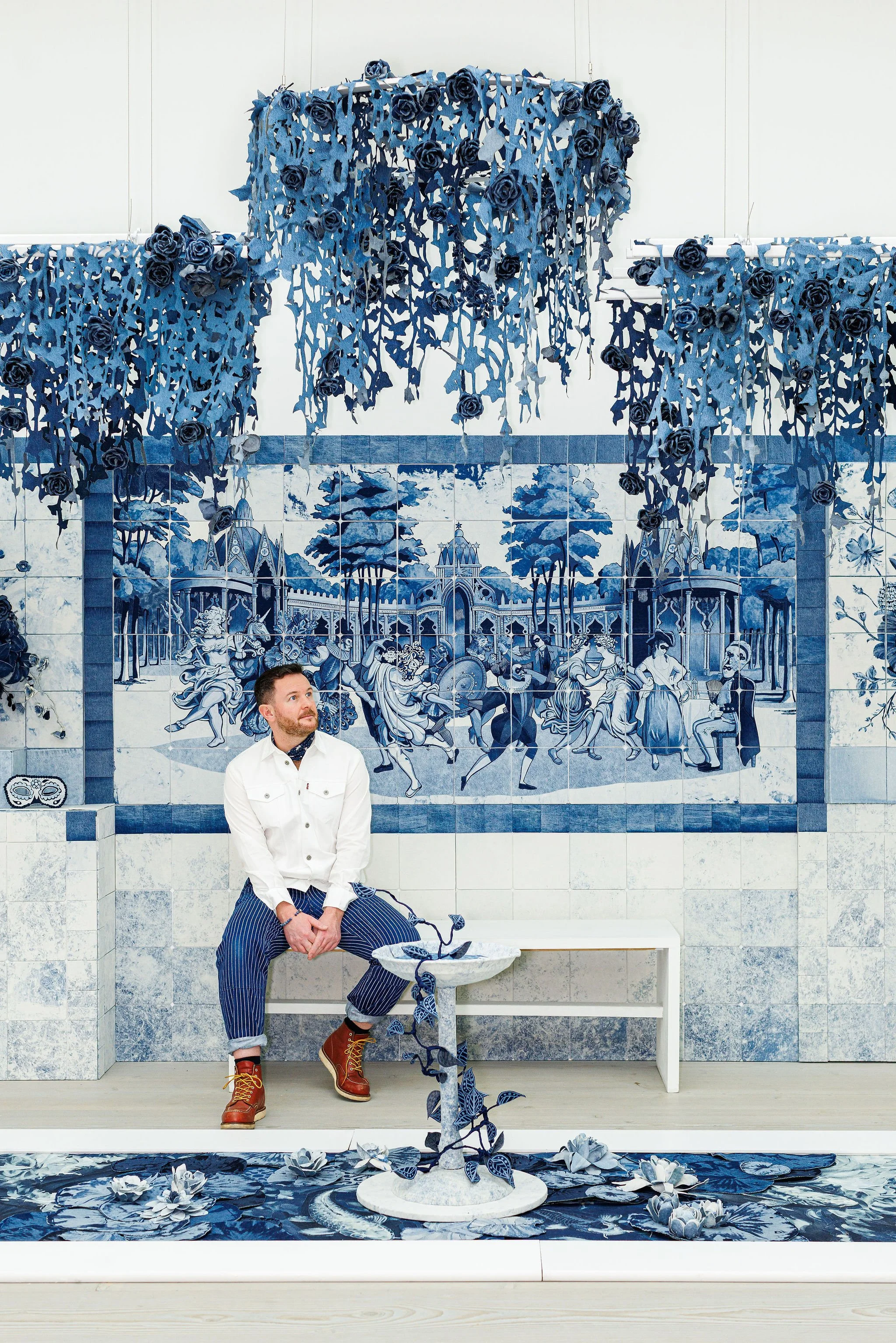  The Secret Garden in Textile Art Redefined at the Saatchi Gallery, London 2026. Ian Berry’s Denim Secret Garden installation   photo by Debbie Bragg  