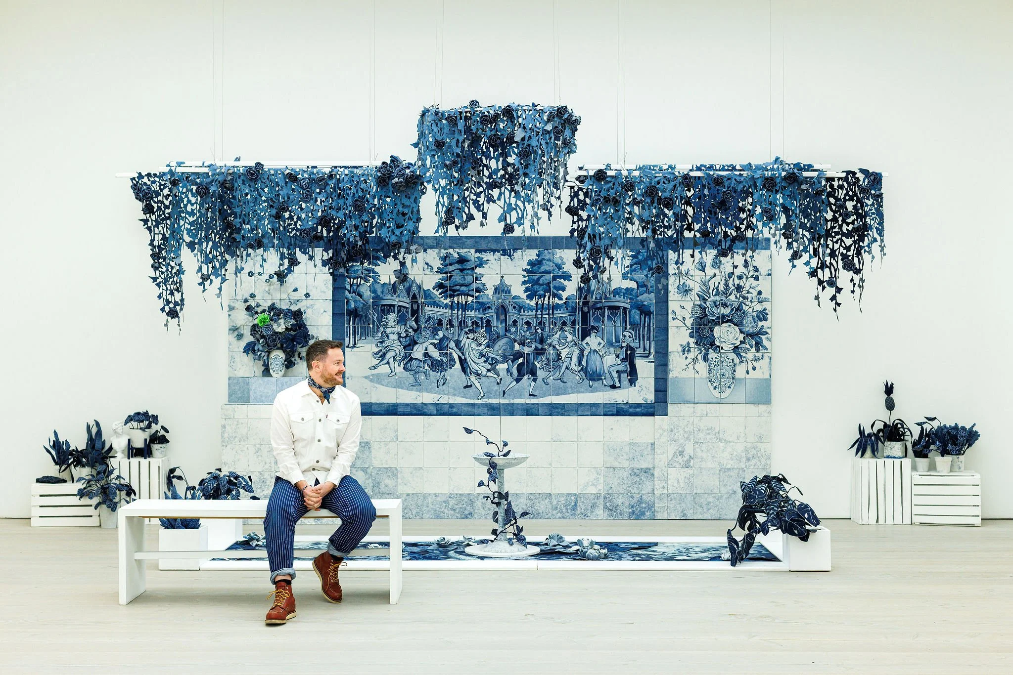  The Secret Garden in Textile Art Redefined at the Saatchi Gallery, London 2026. Ian Berry’s Denim Secret Garden installation   photo by Debbie Bragg  