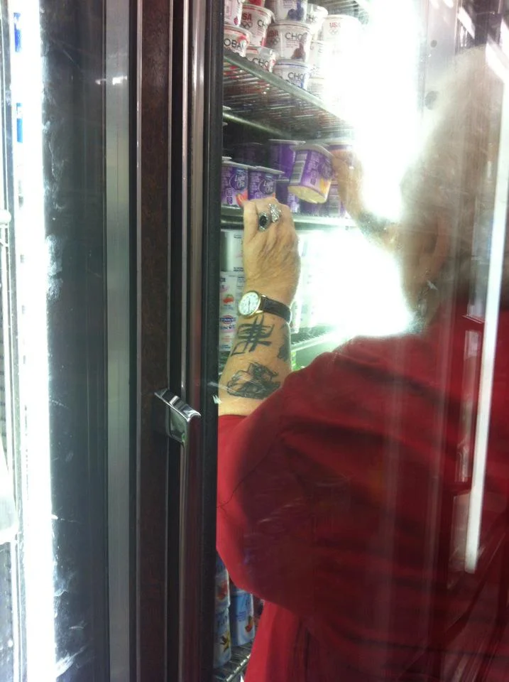 Got a Girl Crush On: The silver fox at the grocery store last week covered in tattoos
Dear Somebody’s Grandma,
I will be you some day and you rocked your ink as fine as your jewelry. I wanted to chat with you about them but you were busy choosing yogurts.
Get on with your bad self.
Love,
Meg