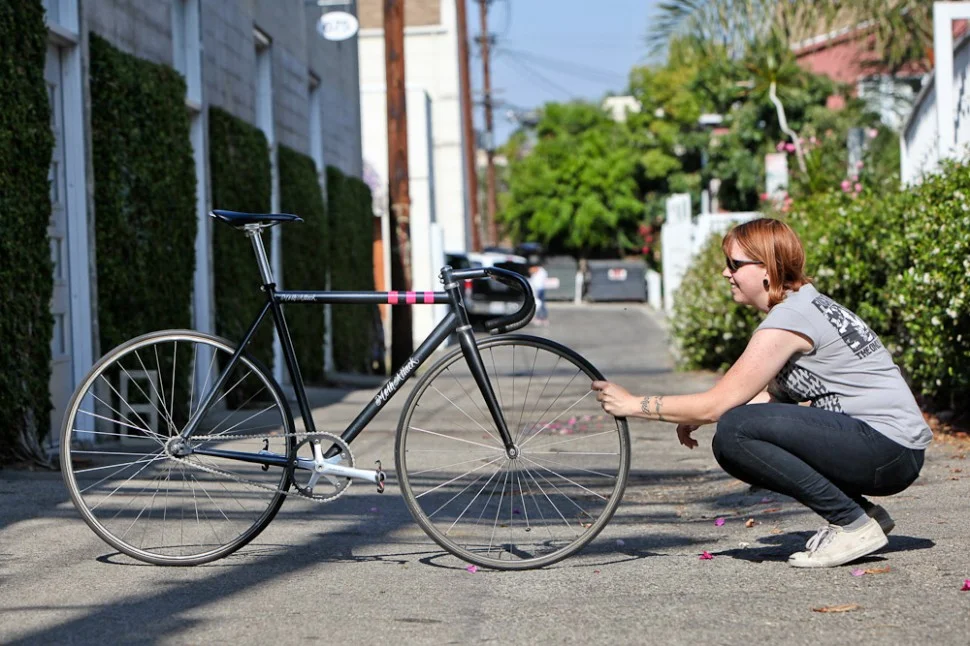 Got a Girl Crush On: Megan Dean of Moth Attack Track Bikes!
Megan is an alumna of the super prestigious The Yamaguchi Frame Building School . She makes sweet track bikes like this one under the name Moth Attack . She also teaches track racing at the Encino Velodrome .
Just bad ass. Megan knows how to put the fun between her legs !