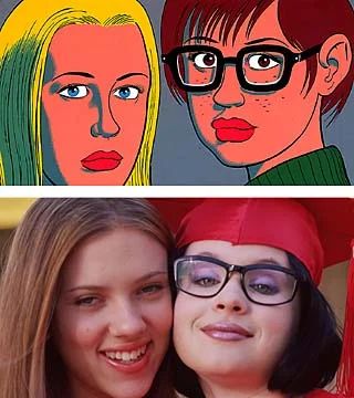 Got a Girl Crush On: Ghost World
Both the comic and the movie are the epitome of post-high-school blasé . Plus Scarjo and Thora Birch are babes anyway–a veritable girl crush movie twofer.
Bonus points for an extra girl crush in the 60s Bollywood movie shakin’ and shimmyin’ (and seemingly losing her effing mind) in gold lamé glory at that Enid (Thora) watches at the beginning of the flick:
Seriously, I could watch this for hours…you’re welcome.