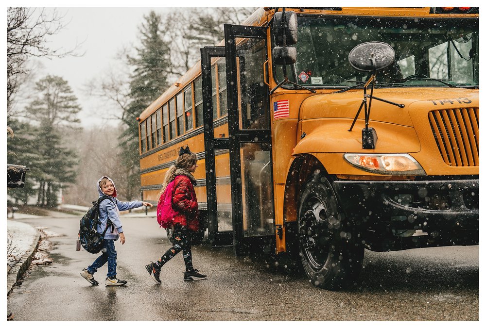 Children snow school bus Long Island