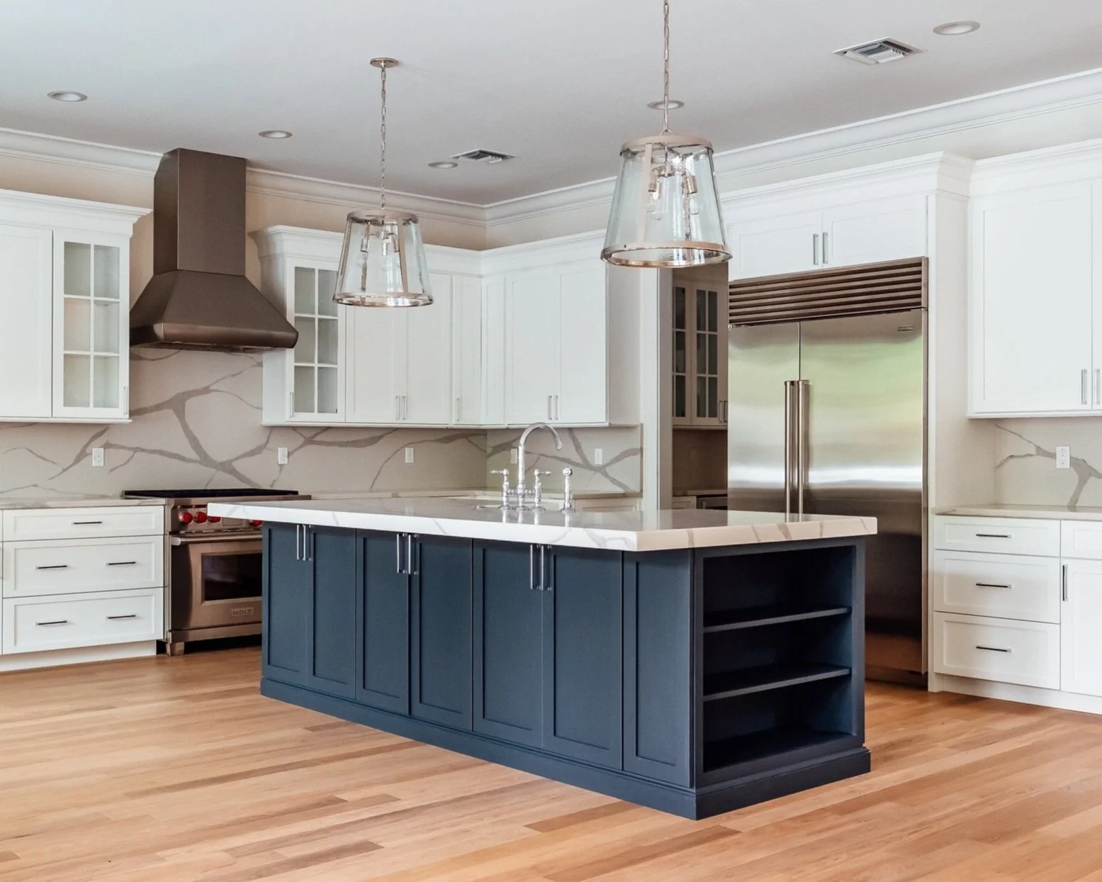Blue Kitchen Island, Photo via Ann Cox Design