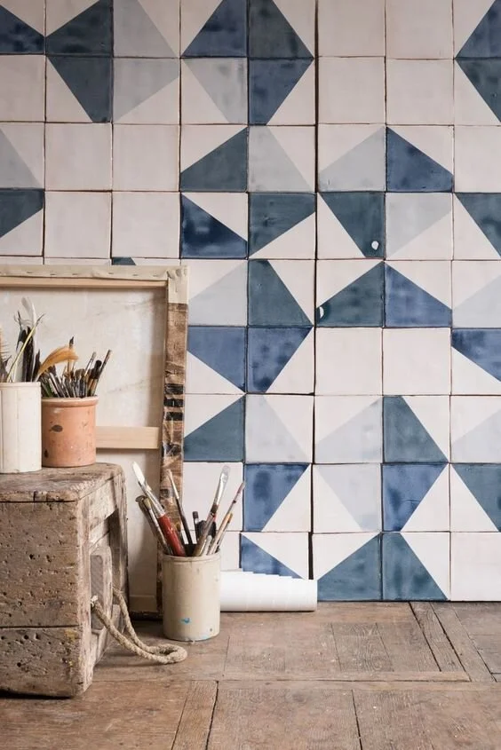 Blue geometric painted tile, photo via Pinterest House and Home