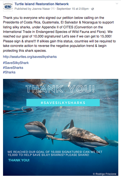 Facebook. Thank you message to 10,000+ members who signed on to our petition to save silky sharks.