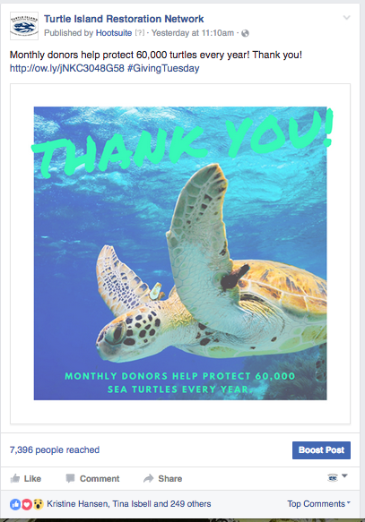 Facebook. Scheduled to go out each month to encourage donations and thank our monthly donors.