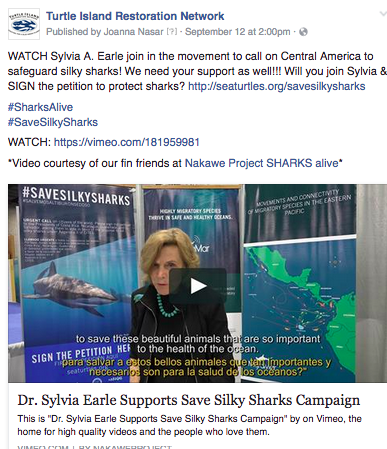Facebook. Video post with ocean activist celebrity Dr. Sylvia Earle calling on members to sign a petition to protect sharks.