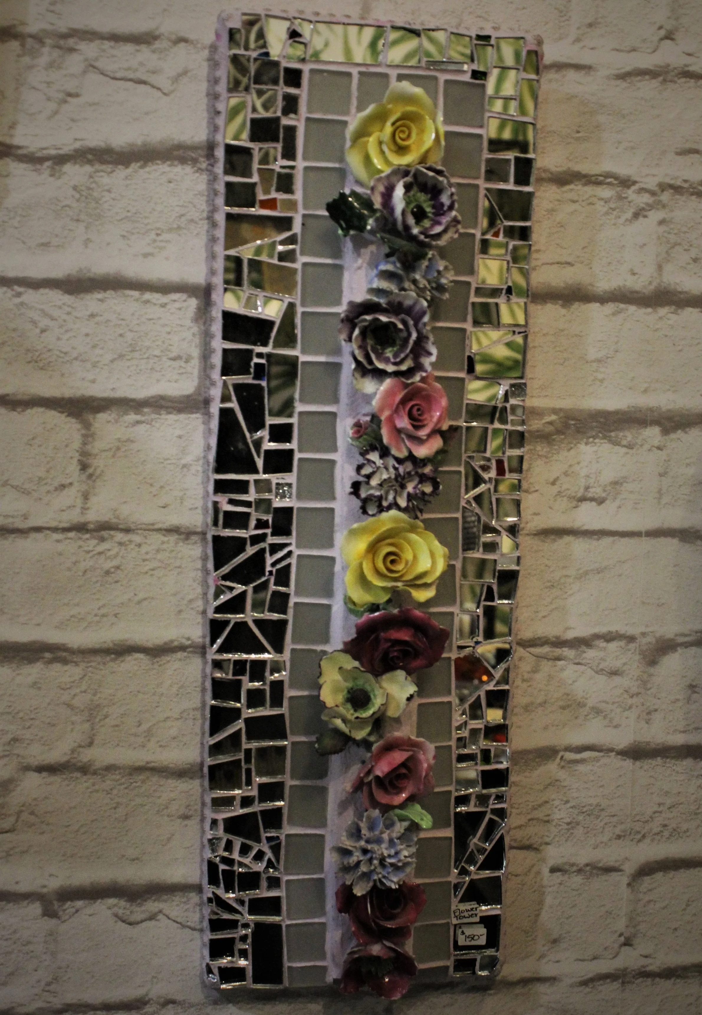 IMAGE ABOVE: “Flower tower” , Mosaic (Glass, Mirror, Tile, Beads , ceramics, mounted on WEDI Board), 6.5” x 20.5”’, London, ON, Canada,