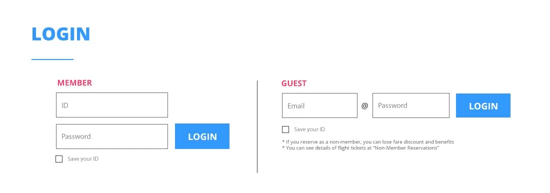 Simple login interface that allows customers to sign in with their ID or as guests. Disclaimer is included beneath the guest option, as there are consequences of not signing in as an official member of JIN AIR.