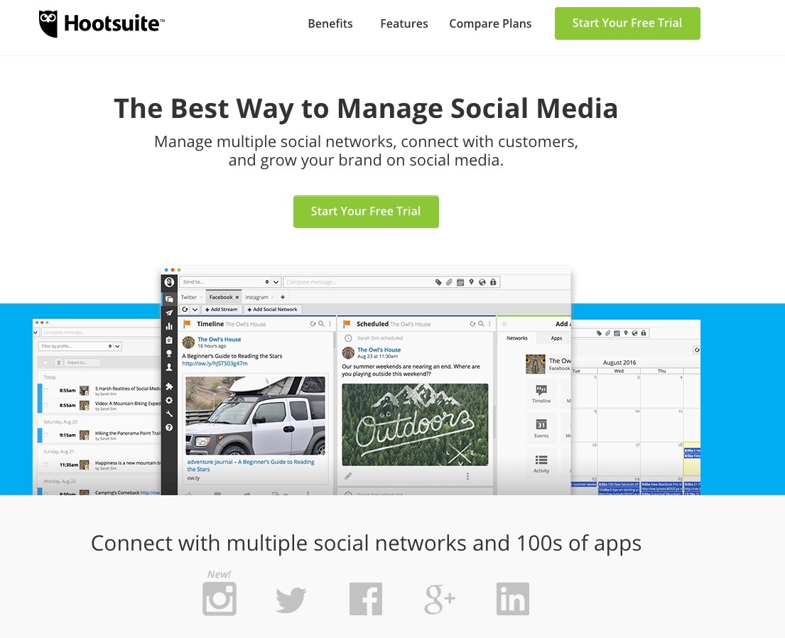 Hootsuite's homepage shows a strong key message, with an extra sentence for detail