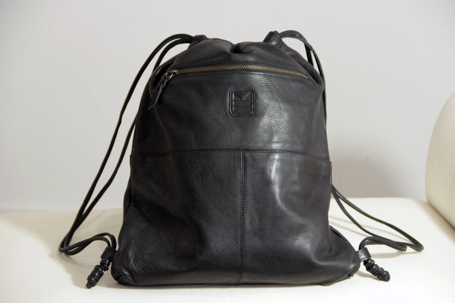 Black Leather Drawstring Backpack with Embossed Pattern Detroit Drawstring Backpack. Handmade Upcycled Leather Bag  main image 4