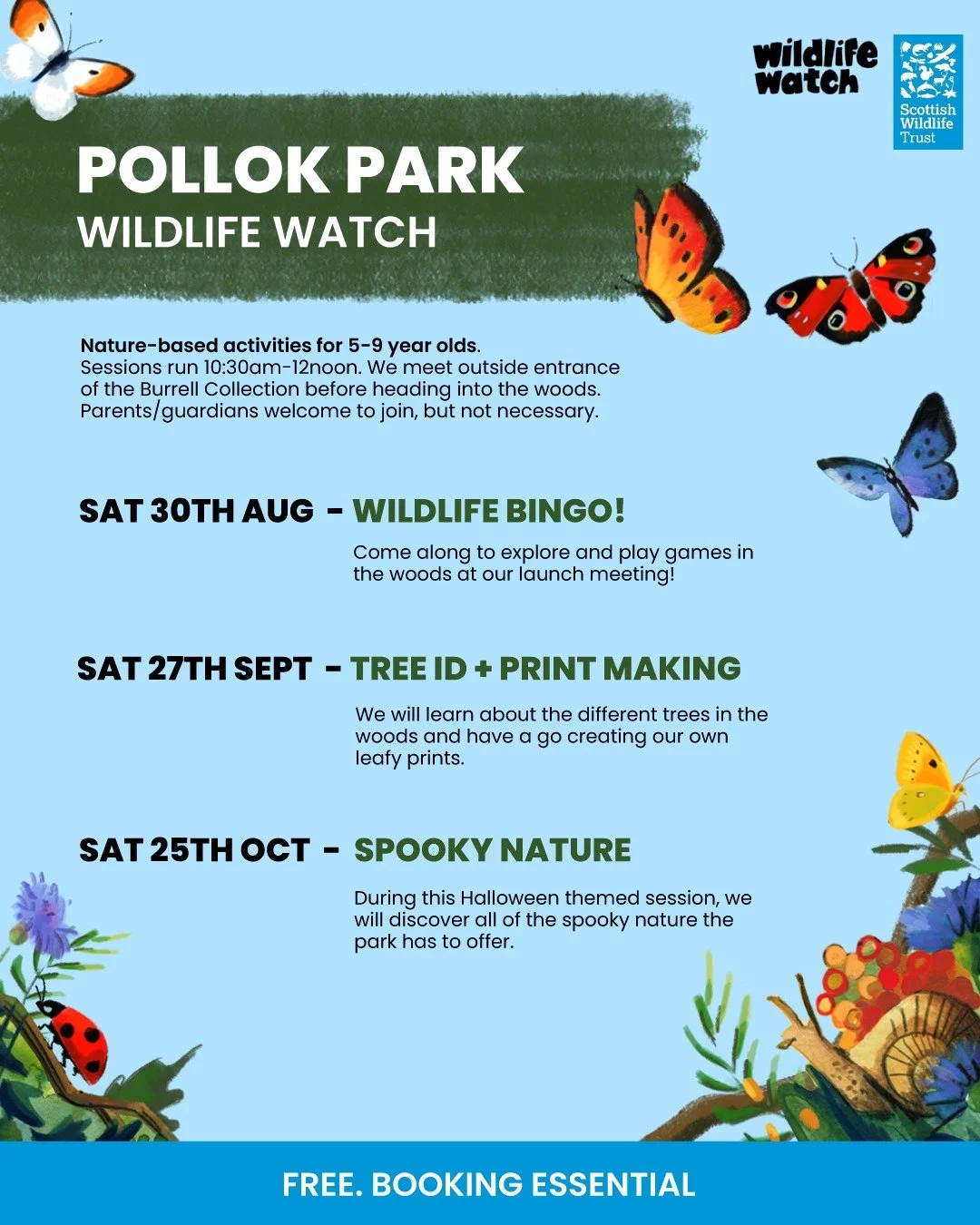 Here are some of the sessions we will be running @pollokparkwildlifewatch between August and October.
Parents/guardians are welcome to join, but not necessary. Feel free to have a coffee by yourself at the Burrell! We will collect your details and w