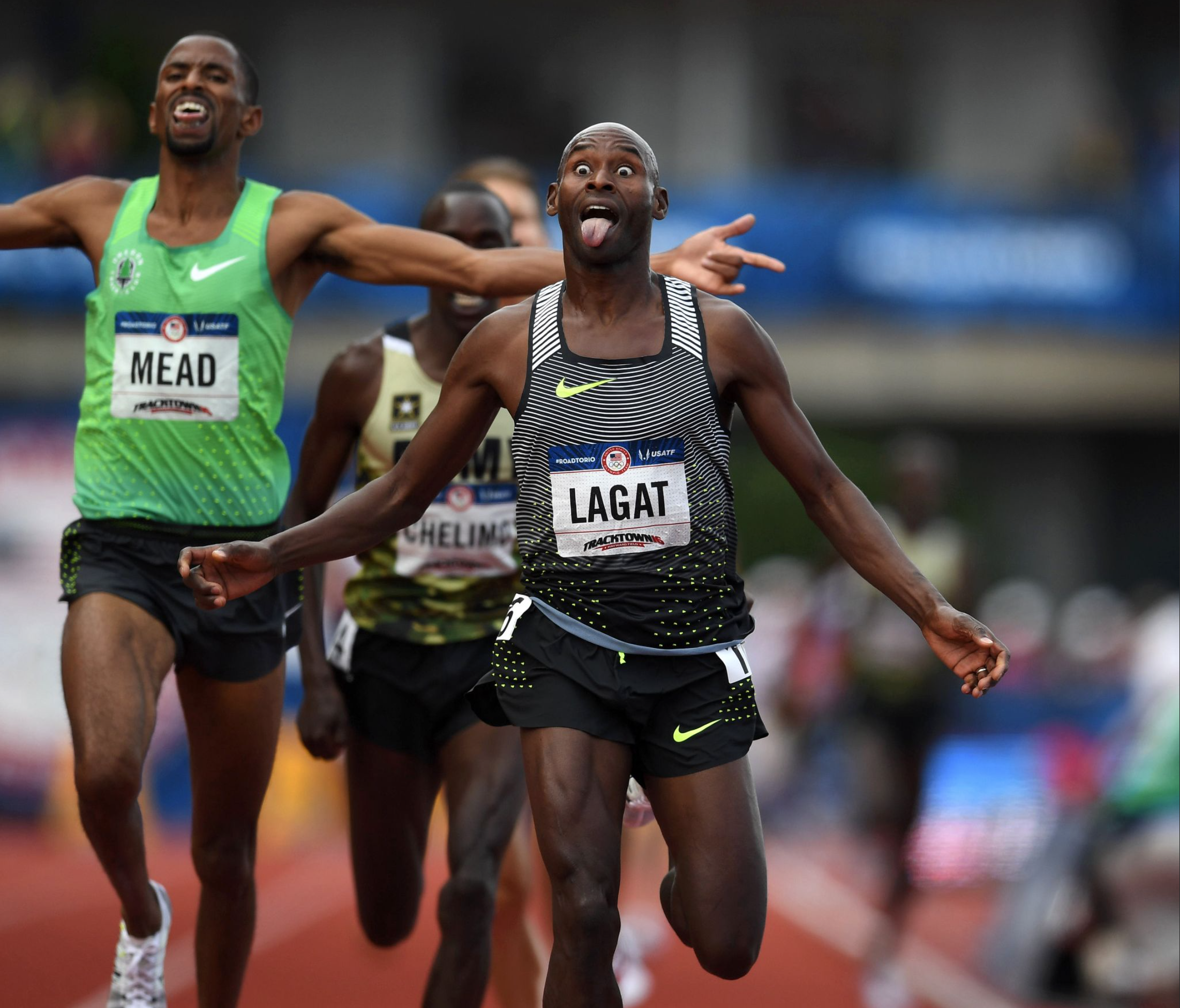 Bernard Lagat, 41, celebrates after winning the men's 5,000-meter final. His win came after failing to finish the 10,000-meter final eariler at the trials. 