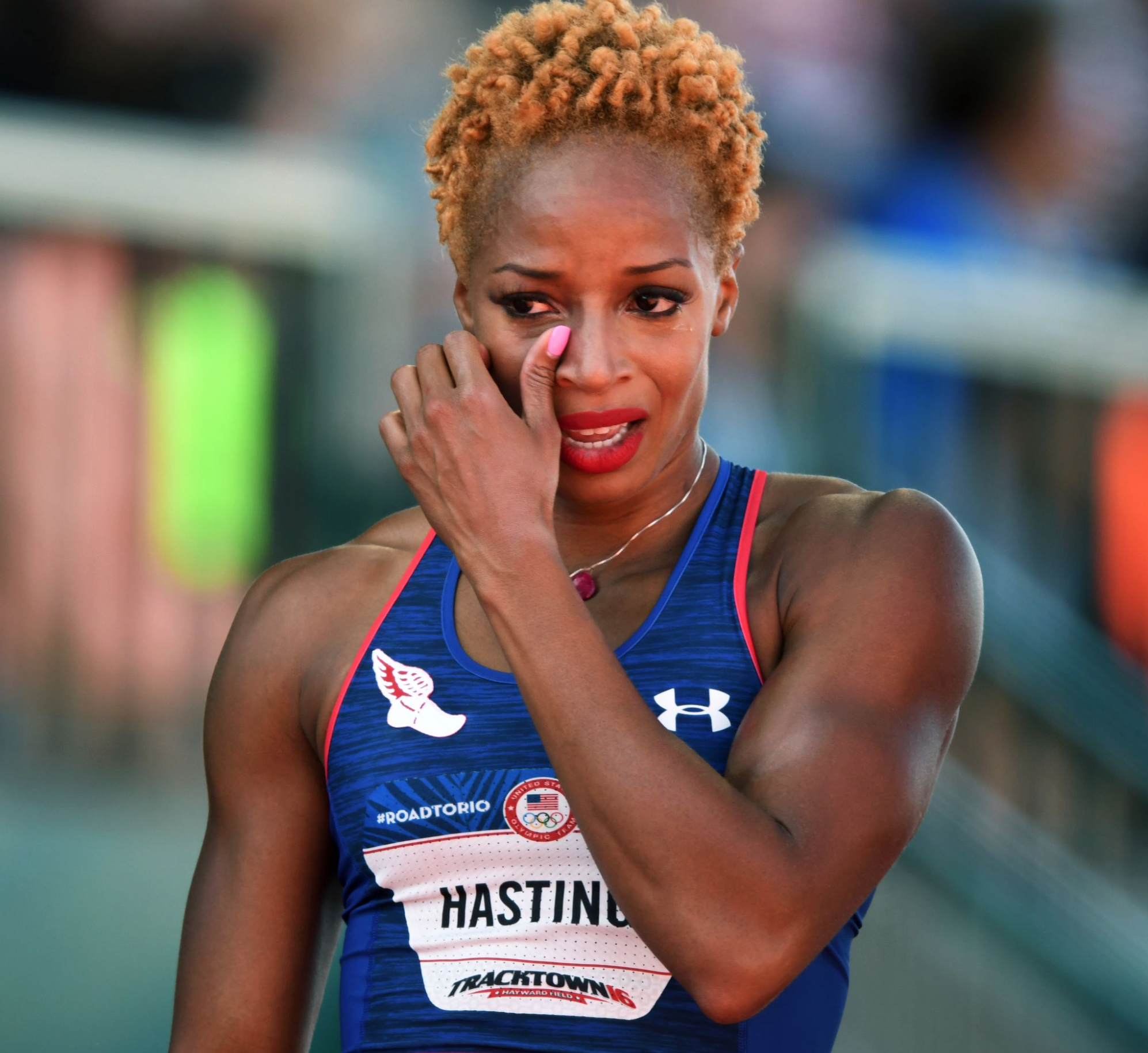 Natasha Hastings reacts after placing third in the women's 400meters and making the Olympic team. 