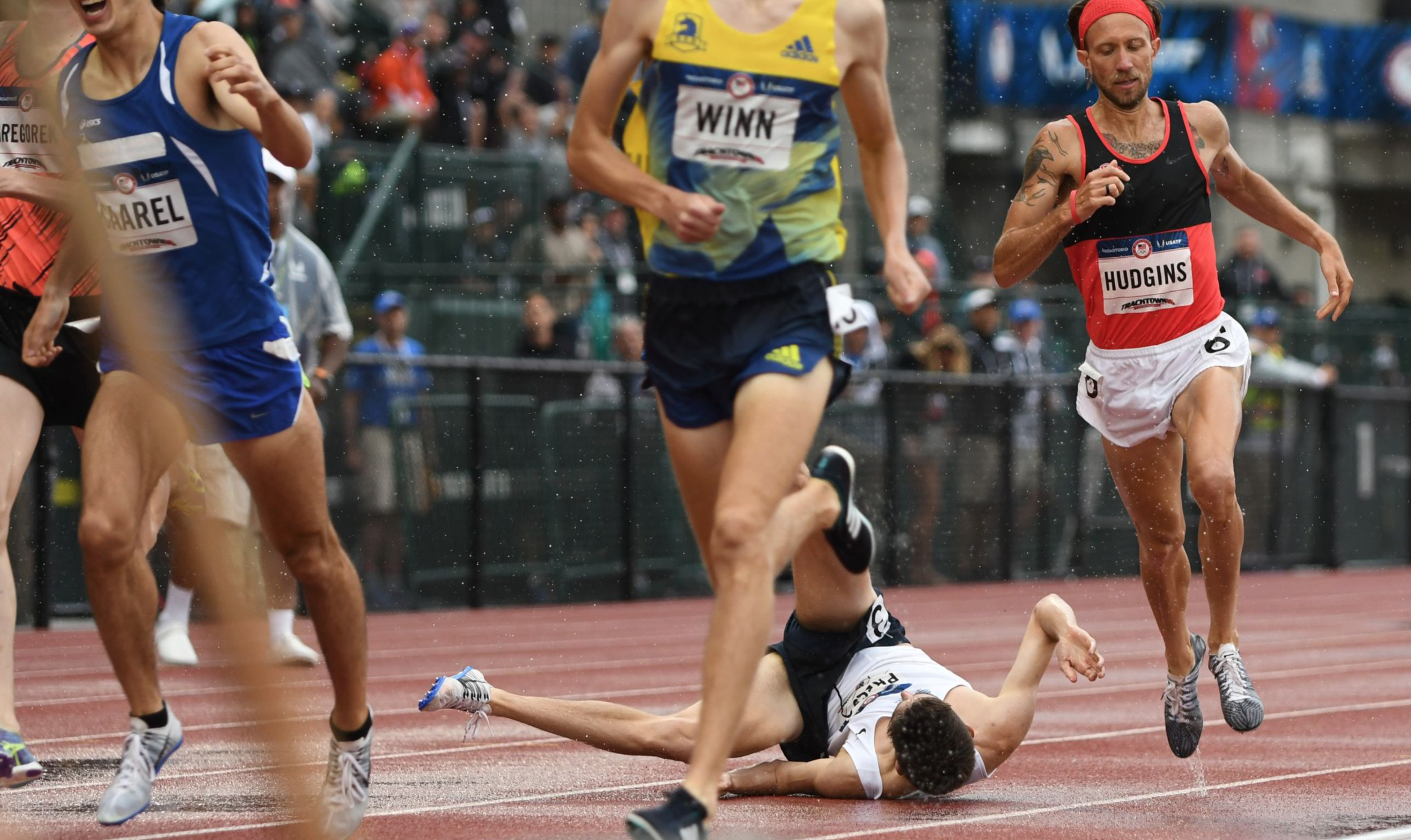 The trials don't stop for inclement weather, but many runners succumbed to the wet track in a few races.